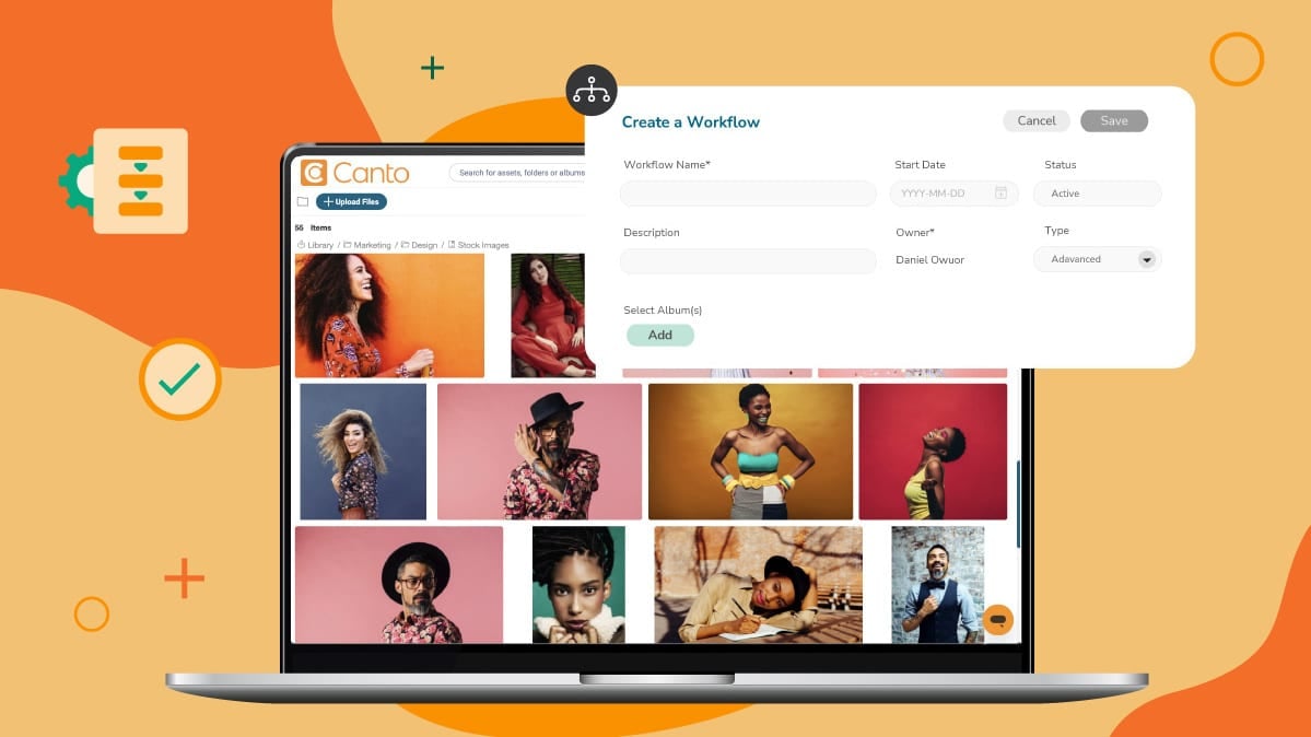 ```json
{
  "alt": "Laptop displaying an image library interface of diverse models alongside workflow creation form.",
  "caption": "Streamline your creative projects with Canto's intuitive image library and workflow management tools. Perfect for marketing teams seeking efficiency.",
  "description": "The image showcases a laptop screen with Canto's media management interface, featuring a grid of diverse model photos against vibrant backgrounds. A floating form for 'Create a Workflow' is visible, allowing users to manage projects seamlessly. The background uses warm orange hues with graphic elements, emphasizing the platform's user-friendly design. Ideal for teams needing organized and efficient asset management and workflow solutions."
}
```