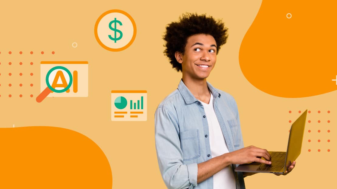 ```json
{
  "alt": "Young person smiling while using a laptop, surrounded by digital icons on an orange background.",
  "caption": "A cheerful moment with technology: A young individual uses a laptop, exploring data and digital tools, set against a vibrant orange backdrop.",
  "description": "The image features a young person with a joyful expression, actively engaged with a laptop. The background is orange and adorned with digital icons, including a magnifying glass, dollar sign, and data charts. This setting suggests themes of technology, data analysis, and financial exploration. The scene combines youthful energy with a modern digital context, appealing to an audience interested in tech and innovation."
}
```