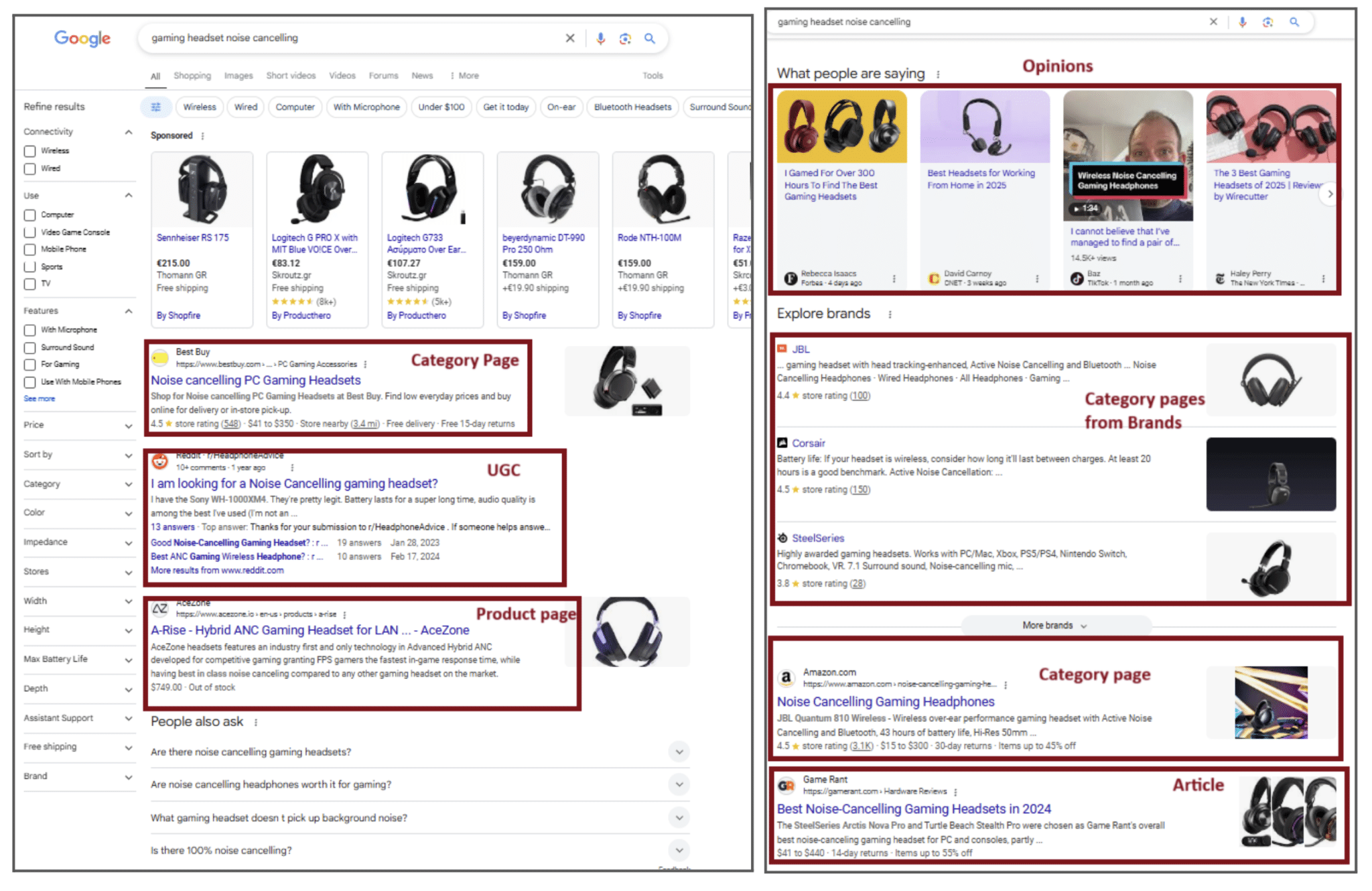 ```json
{
  "alt": "Screenshot of search results for gaming headset noise cancelling, showing products and user reviews.",
  "caption": "Exploring the best noise-cancelling gaming headsets with user reviews, expert opinions, and brand comparisons.",
  "description": "This image shows a split-screen of search results for 'gaming headset noise cancelling.' On the left, you see various headset products with pricing and specifications from the shopping tab, along with user-generated content discussing headset preferences. On the right, there are expert opinions and brand comparisons, highlighting popular headsets from JBL, Corsair, and SteelSeries. The setup offers a comprehensive view of both product details and consumer feedback, making it an essential guide for prospective buyers."
}
```