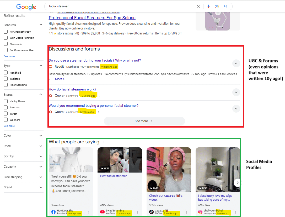 ```json
{
  "alt": "Search results for facial steamer showing UGC from forums and social media.",
  "caption": "Explore the buzz around facial steamers through vibrant user-generated content from forums and trending social media discussions.",
  "description": "This image displays a screenshot of Google search results for 'facial steamer'. The results highlight user-generated content from forums like Reddit and Quora, with posts ranging from 9 months to 10 years old. Also featured are current social media posts from platforms such as Facebook, TikTok, and Instagram, showcasing user opinions and reviews. Keywords include facial steamer, UGC, social media, and user reviews."
}
```
