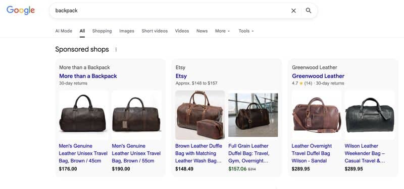 ```json
{
  "alt": "Google search results page for 'backpack' displaying sponsored shops with various leather bags.",
  "caption": "Explore a variety of leather duffel bags in this Google search for backpacks, featuring stylish options from multiple online shops.",
  "description": "The image shows a Google search results page for the keyword 'backpack.' Sponsored shops display different leather bags available online with prices ranging from $148.49 to $289.95. The featured bags include travel and duffel options from sites like Etsy and Greenwood Leather, highlighting details like dimensions, colors, and return policies. This search snippet engages potential buyers seeking quality leather bags."
}
```