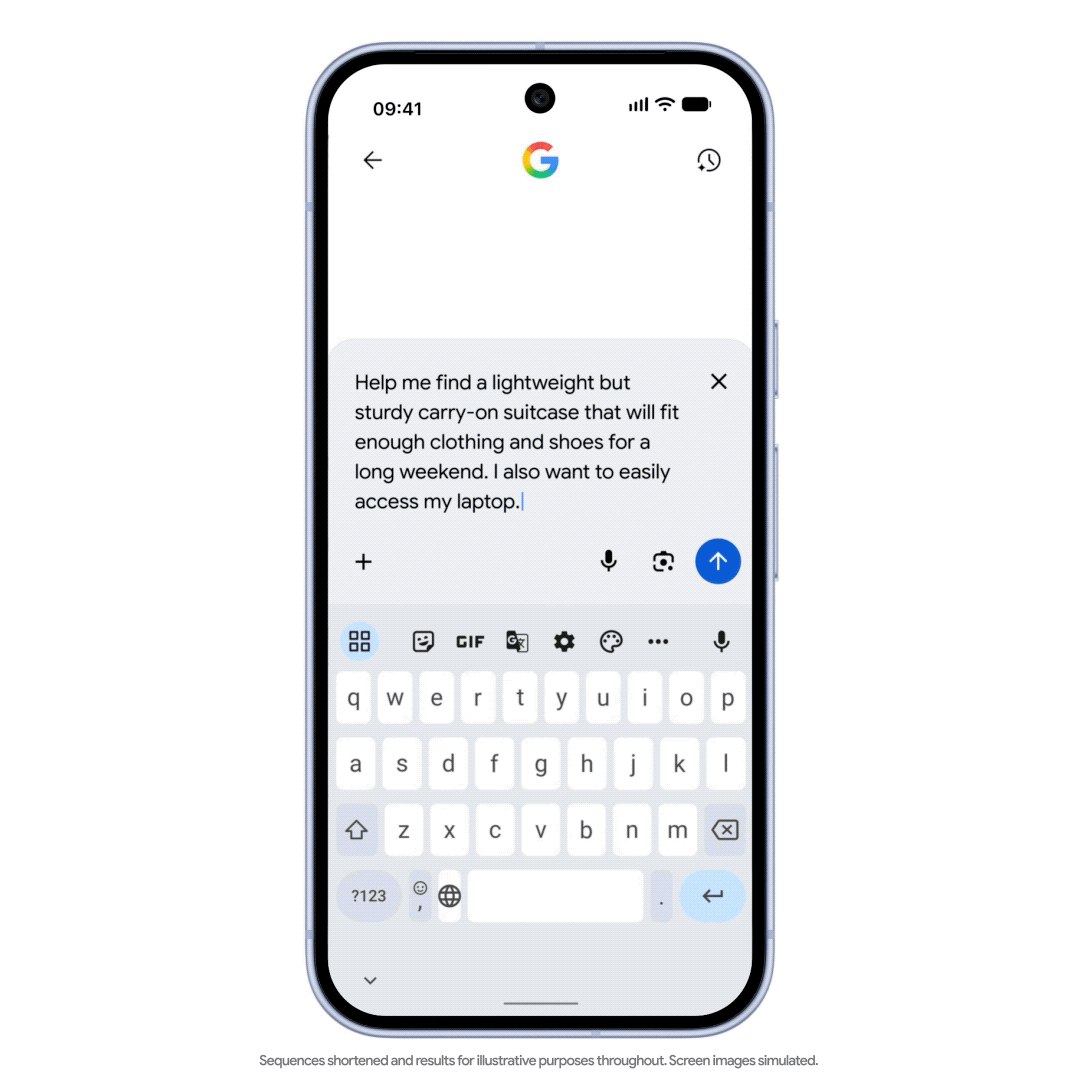 ```json
{
  "alt": "Smartphone screen displaying a message asking for a carry-on suitcase suggestion, with a Google logo above.",
  "caption": "Seeking the perfect carry-on? This smartphone screen shows a traveler typing a request for a lightweight suitcase recommendation.",
  "description": "This image shows a smartphone with a message on the screen seeking advice on finding a lightweight, sturdy carry-on suitcase suitable for a long weekend. The message includes a requirement for easy laptop access. The Google logo is visible at the top, indicating possible use of a Google service. The image demonstrates practicality and ease in using mobile technology for travel planning."
}
```