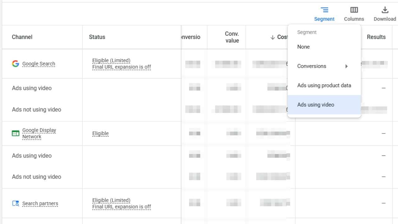 ```json
{
  "alt": "Google Ads dashboard showing segments for channel video ads.",
  "caption": "Exploring Google Ads: A closer look at segmenting ads by video usage in your campaign channels.",
  "description": "This image captures a section of the Google Ads dashboard, highlighting options to segment campaigns by video usage. The interface displays different channels like Google Search and Display Network, with each segment having specific video ad settings. Additionally, options for viewing conversions and downloading data are visible, showcasing the flexibility and detail in managing digital ad campaigns."
}
```