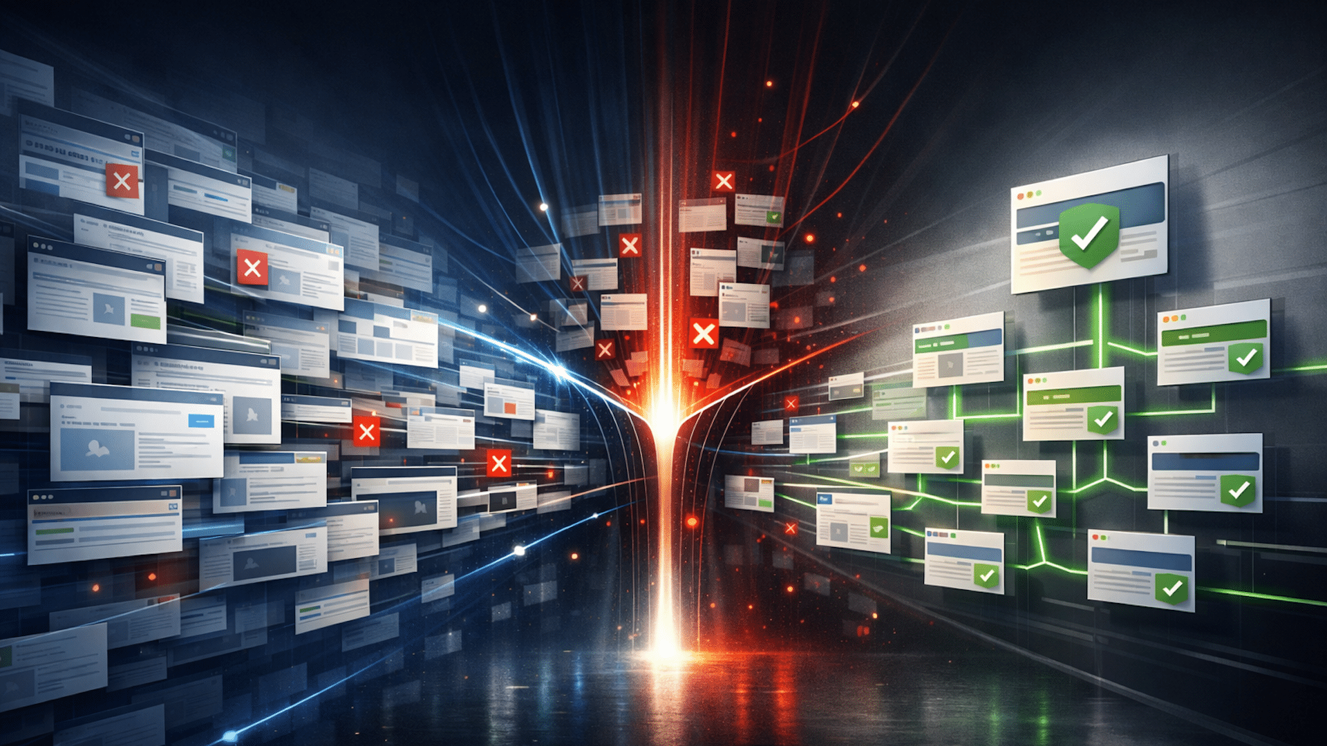 ```json
{
  "alt": "Digital split with rejected documents on the left and approved documents on the right.",
  "caption": "A visual representation of sorting through data, where rejected documents lead to the left, and approved documents flow smoothly to the right.",
  "description": "The image illustrates a digital sorting process, with documents moving from a center point. On the left, a blue path shows documents marked with a red 'X', symbolizing rejection. On the right, a green path leads to documents with green checkmarks, indicating approval. The central light burst suggests a decision-making process, reflecting themes of data management, efficiency, and digital workflow."
}
```