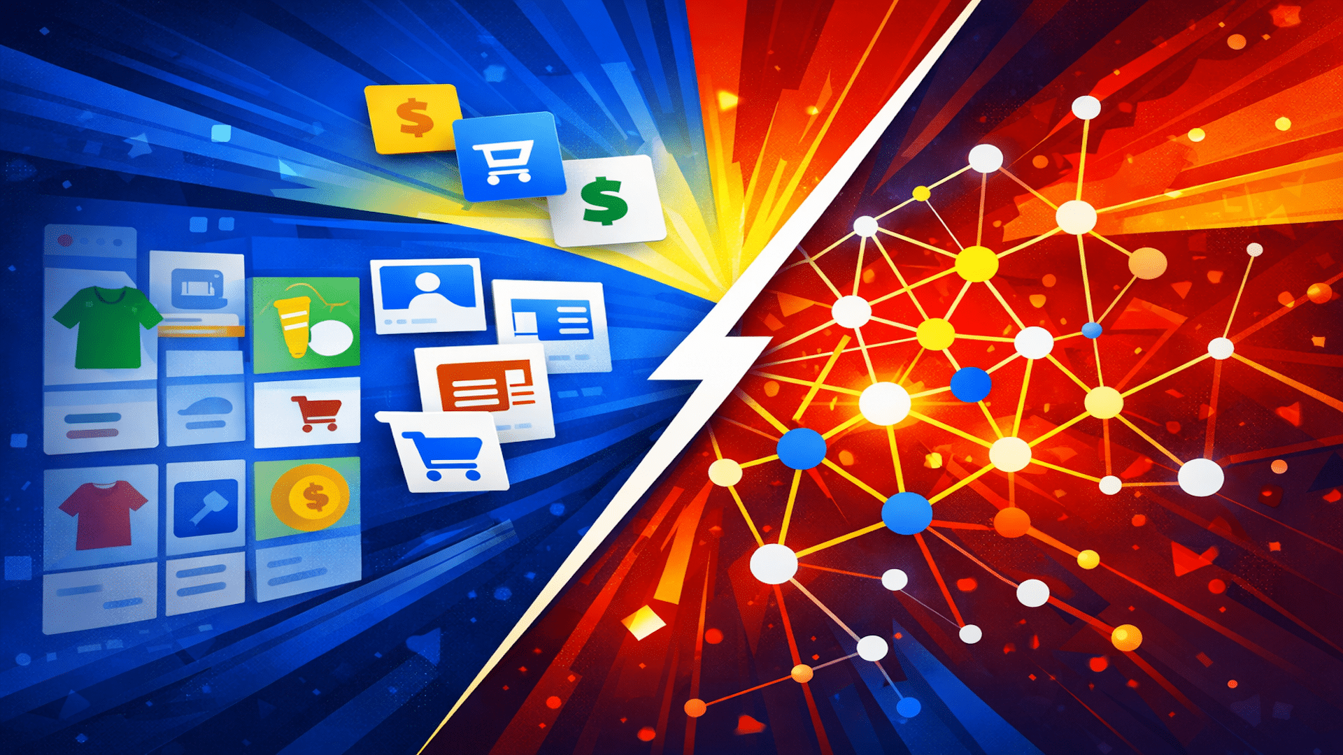 ```json
{
  "alt": "Illustration of online shopping elements on the left and a network of nodes on the right, divided by a white zigzag line.",
  "caption": "A vibrant digital illustration contrasts the structured world of online shopping with the dynamic interconnectivity of network nodes.",
  "description": "This digital illustration features a split-screen design with online shopping elements on the left, such as icons for shopping carts and dollar signs, in shades of blue. The right side depicts interconnected nodes in orange and red hues, symbolizing network dynamics. The image is divided by a white, zigzag line, highlighting the contrast between e-commerce and network connectivity. Keywords: online shopping, network nodes, digital illustration."
}
```
