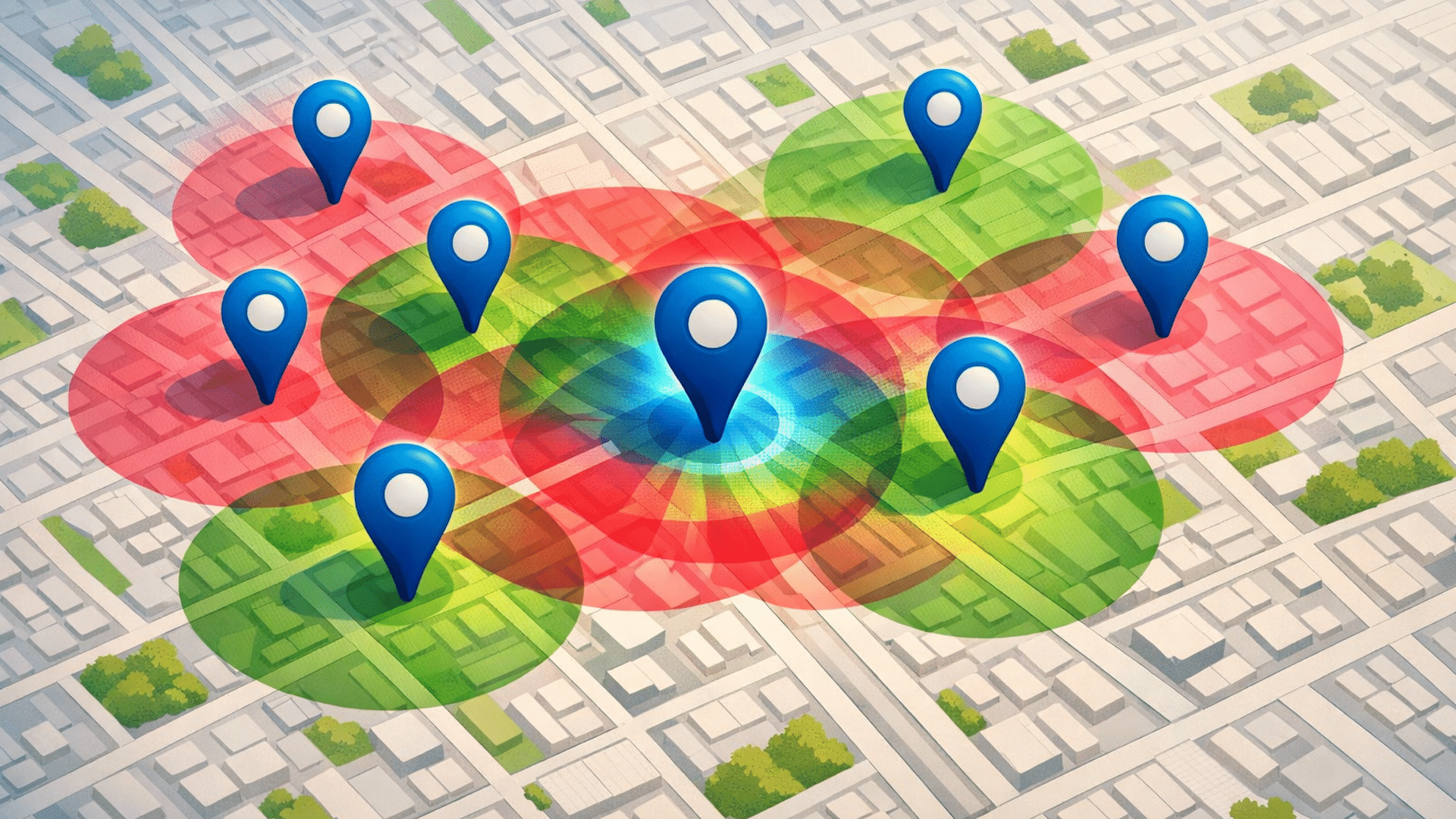 ```json
{
"alt": "Digital map with blue location pins and colorful circular zones.",
"caption": "Exploring the intricacies of location mapping with vibrant pins and zones.",
"description": "This image depicts a digital map overlaid with blue location pins. The pins are surrounded by colorful circular zones, indicating areas of interest or influence, in shades of red, green, and blue. The map layout includes streets and blocks, emphasizing the precision of modern geolocation technology. Keywords: digital map, location pins, geolocation, mapping visualization."
}
```