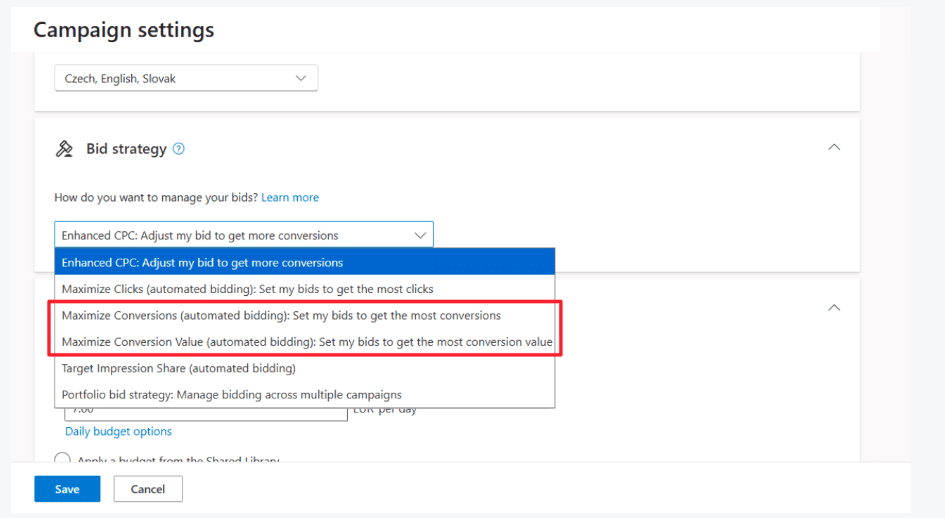 ```json
{
  "alt": "Screenshot of campaign settings with bid strategy options highlighted in a dropdown menu.",
  "caption": "Exploring advertising bid strategies? This campaign settings interface reveals options such as maximizing conversions and value to enhance your campaign impact.",
  "description": "This image is a screenshot of an advertising platform's campaign settings page, focusing on the bid strategy section. It displays a dropdown menu with options for Enhanced CPC, Maximize Conversions, Maximize Conversion Value, Target Impression Share, and Portfolio bid strategy. The image highlights the choices Maximize Conversions and Maximize Conversion Value, emphasizing automated bidding for optimal results. Ideal for those adjusting digital advertising strategies."
}
```