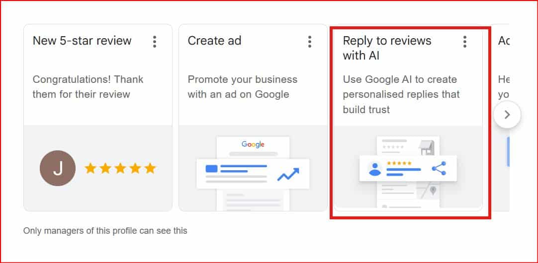 ```json
{
  "alt": "Screenshot showing Google features like 5-star reviews, ad creation, and AI review replies.",
  "caption": "Harness the power of Google with AI-driven replies, ad creation, and insights on 5-star reviews to boost your business presence.",
  "description": "This image displays a Google interface with options for responding to reviews using AI, creating ads, and acknowledging 5-star reviews. The highlighted section features 'Reply to reviews with AI', suggesting personalized replies to build trust. This tool aims to enhance business engagement and customer interaction. Keywords: Google, AI, reviews, ads, business tools."
}
```