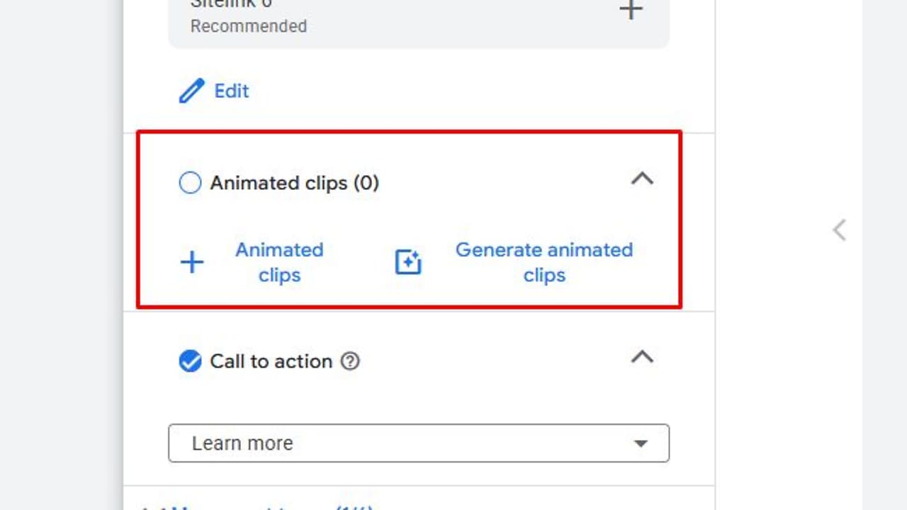 ```json
{
"alt": "Screenshot showing options for creating animated clips in a user interface.",
"caption": "Easily create engaging animated clips with a simple interface. Perfect for adding dynamic visuals to your content!",
"description": "This image displays a user interface where users can create animated clips. The section is highlighted with a red border and offers options like ‘Animated clips’ and ‘Generate animated clips’. Additionally, there is a call to action section with a ‘Learn more’ button. This is ideal for users looking to enhance their digital content with animations."
}
```
