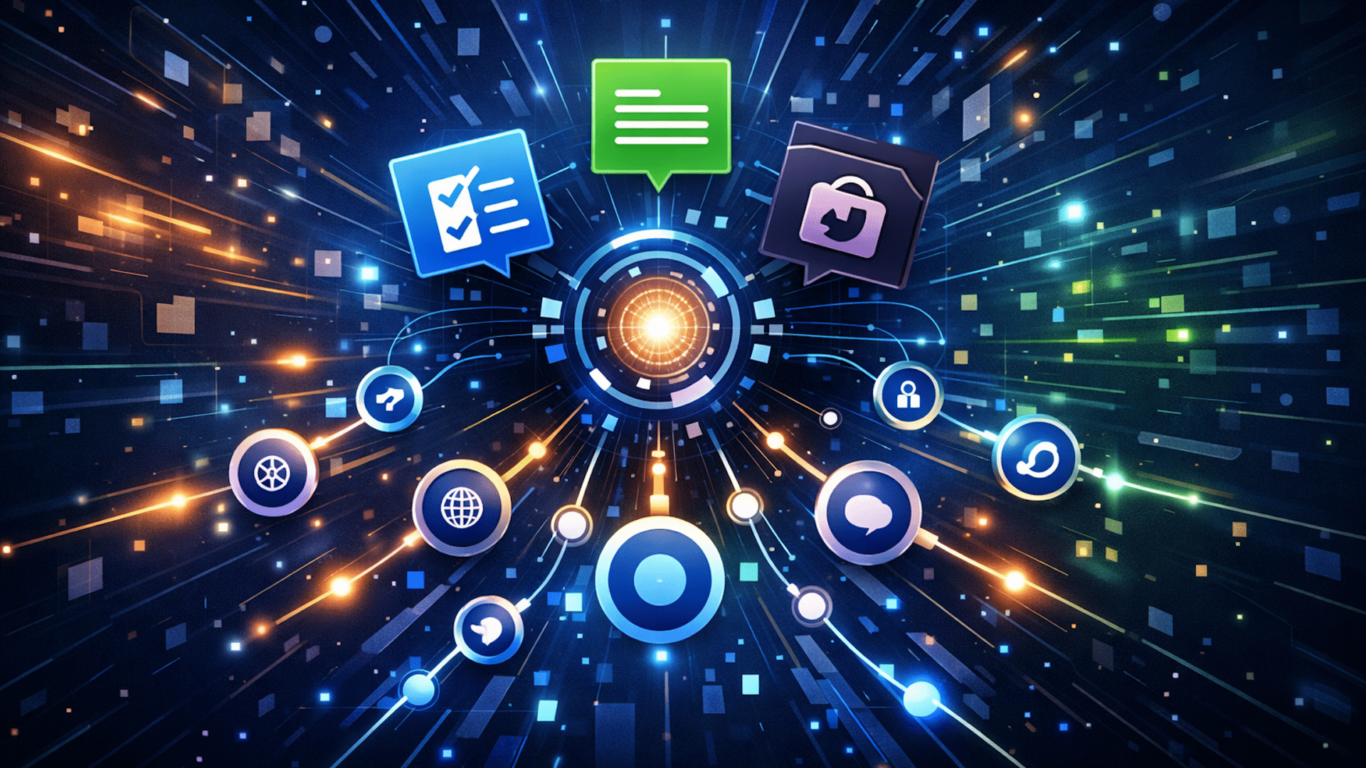 ```json
{
  "alt": "Digital network diagram with icons and glowing lines on a dark background.",
  "caption": "Dive into the digital realm where dynamic icons and radiant paths symbolize interconnected networks in a matrix of bright colors.",
  "description": "This digital illustration features a vibrant network diagram with various icons representing communication, security, and connectivity. Centralized glowing lines emit from a core, symbolizing data flow across a digital platform. The dark background is illuminated by colorful particles and squares, enhancing the futuristic theme. Perfect for illustrating concepts of digital transformation, technology, and information systems."
}
```