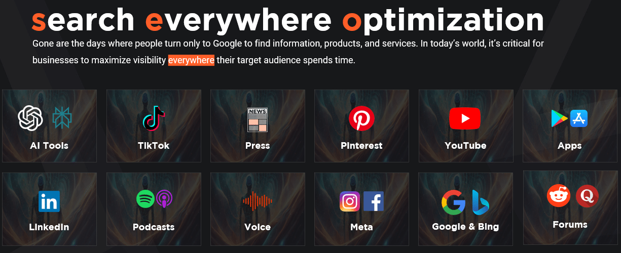 ```json
{
  "alt": "Image highlighting platforms for search optimization, including AI Tools, TikTok, Press, Pinterest, YouTube, Apps, LinkedIn, Podcasts, Voice, Meta, Google & Bing, Forums.",
  "caption": "Maximize your visibility by optimizing search across a wide range of platforms, from AI Tools to social media and forums. Reach your audience everywhere!",
  "description": "This image emphasizes the need for 'search everywhere optimization' in modern digital marketing. It highlights several platforms such as AI Tools, TikTok, Press, Pinterest, YouTube, Apps, LinkedIn, Podcasts, Voice, Meta, Google & Bing, and Forums where businesses can improve their visibility. The message stresses the importance of reaching target audiences on diverse channels to maximize engagement and presence."
}
```
