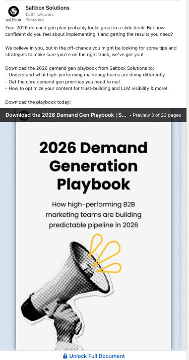 ```json
{
"alt": "Promotional post by Saltbox Solutions about the 2026 Demand Generation Playbook, featuring a megaphone illustration.",
"caption": "Discover the secrets behind 2026's most successful B2B marketing strategies with Saltbox Solutions' 2026 Demand Generation Playbook. Are you ready to boost your pipeline?",
"description": "This image showcases a LinkedIn post by Saltbox Solutions, promoting their 2026 Demand Generation Playbook. The post emphasizes the importance of implementing successful demand generation strategies. It features an eye-catching illustration of a megaphone, suggesting the idea of amplifying marketing efforts. Ideal for B2B marketers looking to optimize their tactics for 2026."
}
```
