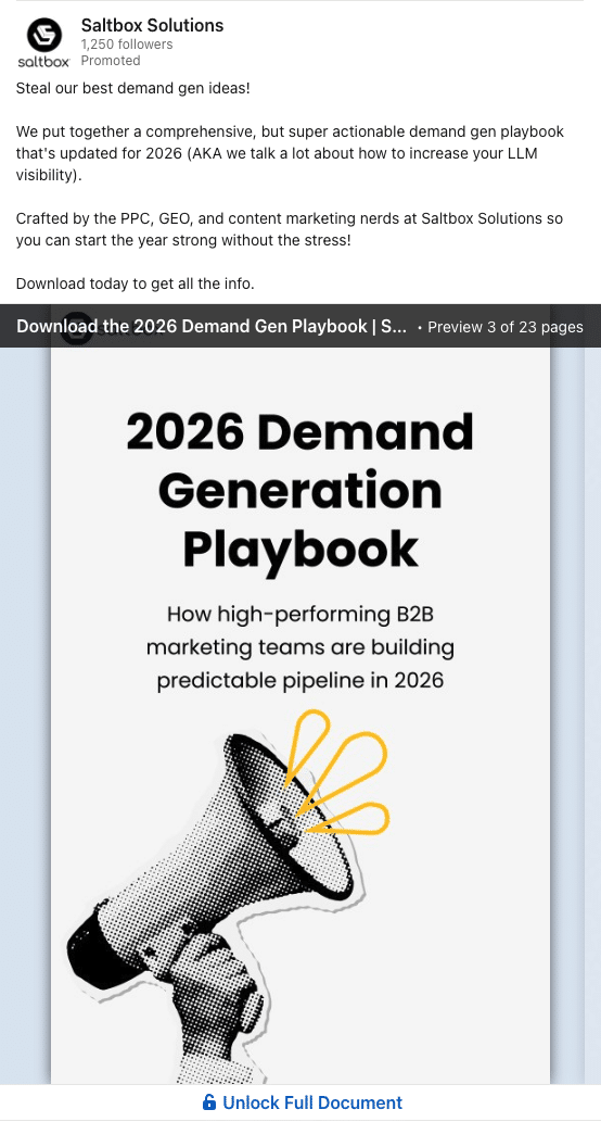 ```json
{
"alt": "2026 Demand Generation Playbook cover with megaphone illustration by Saltbox Solutions.",
"caption": "Discover high-performing B2B marketing strategies with the 2026 Demand Generation Playbook by Saltbox Solutions. Elevate your pipeline strategy today!",
"description": "This image promotes the '2026 Demand Generation Playbook' by Saltbox Solutions, featuring a stylized megaphone illustration. This document offers actionable tactics for B2B marketing teams to build a predictable pipeline. Updated for 2026, it emphasizes increasing LLM visibility and features insights from PPC, GEO, and content marketing experts."
}
```