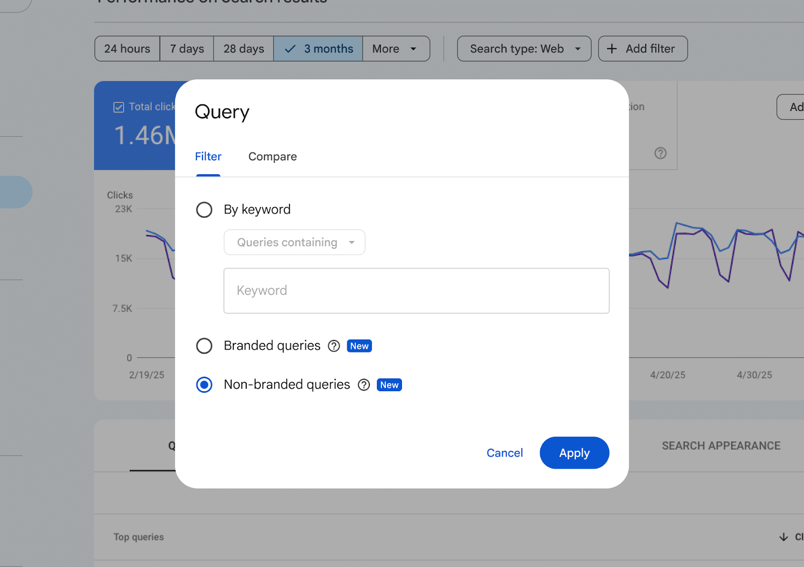 ```json
{
  "alt": "Search query filter options in a web analytics tool showing filters by keyword and query type.",
  "caption": "Explore search query trends with detailed filters: select by keyword or focus on branded versus non-branded queries for insightful analysis.",
  "description": "The image displays a query filter interface in a web analytics tool, featuring options to filter by keyword and prioritize either branded or non-branded queries. The interface is overlaid on a chart displaying click data over time, illustrating performance metrics for search results. Keywords: web analytics, search queries, data filtering."
}
```