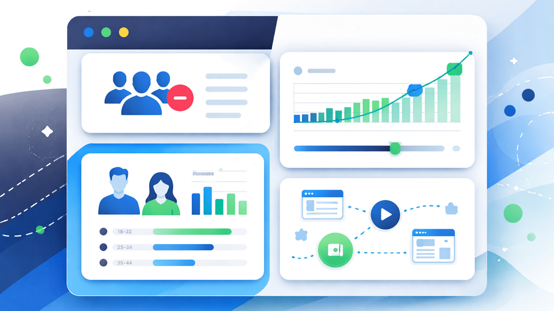 ```json
{
  "alt": "Dashboard with user profiles, charts, and icons depicting analytics.",
  "caption": "Explore the future of analytics with this digital dashboard, showcasing user demographics, growth charts, and interactive icons.",
  "description": "This image features a stylized digital dashboard with multiple panels displaying user profiles, demographic statistics, and growth charts. Interactive elements like icons and connection paths suggest data interaction and analytics visualization. The design has a modern, clean aesthetic with blue and green tones, perfect for illustrating tech or business insights. Keywords: dashboard, analytics, data visualization, user profiles, growth charts."
}
```