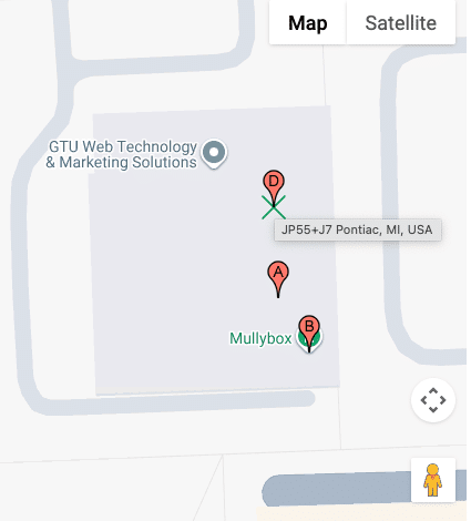 ```json
{
"alt": "Map showing GTU Web Technology & Marketing Solutions and Mullybox with pinpoints in Pontiac, MI.",
"caption": "Discover the location of GTU Web Technology & Marketing Solutions and Mullybox in Pontiac, MI, with this detailed map view.",
"description": "This image displays a map highlighting GTU Web Technology & Marketing Solutions and Mullybox in Pontiac, MI. The map features pinpoints indicating specific locations labeled A, B, and D. The area is shown in a standard map view with street outlines and an overlay for easy navigation. This visual guide can help users find exact locations and understand the surrounding layout in Pontiac. Keywords: map, GTU Web Technology & Marketing Solutions, Mullybox, Pontiac, MI, location."
}
```