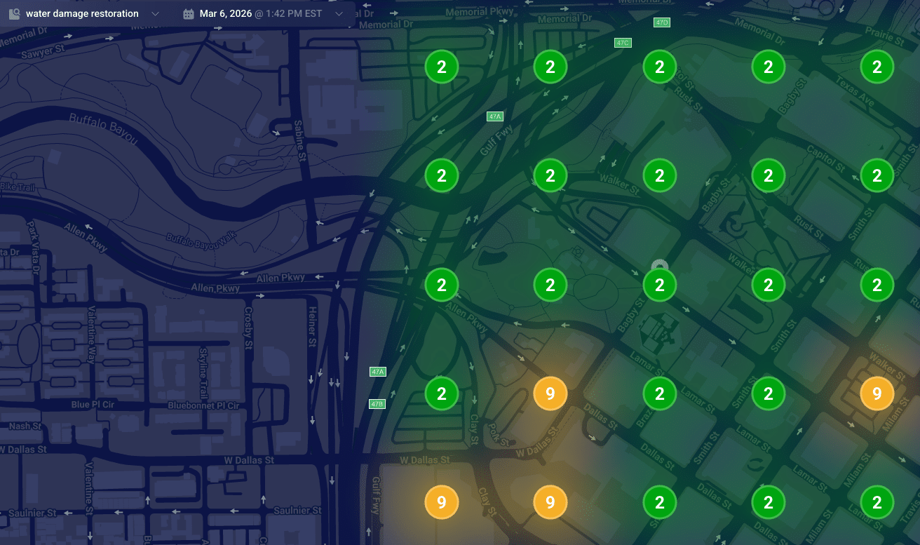 ```json
{
"alt": "Heat map visualization of water damage restoration needs in an urban area, showing numbered zones with color coding.",
"caption": "Explore this dynamic heat map illustrating water damage restoration priorities across a city with distinct color-coded zones.",
"description": "This image represents a heat map of water damage restoration needs in an urban area on March 6, 2026, at 1:42 PM EST. The map features a darkened city street layout with numbered circular zones indicating priority levels. Green circles with the number '2' indicate low priority areas, while orange circles marked with '9' highlight higher urgency zones. This visualization aids in strategic planning for restoration services."
}
```