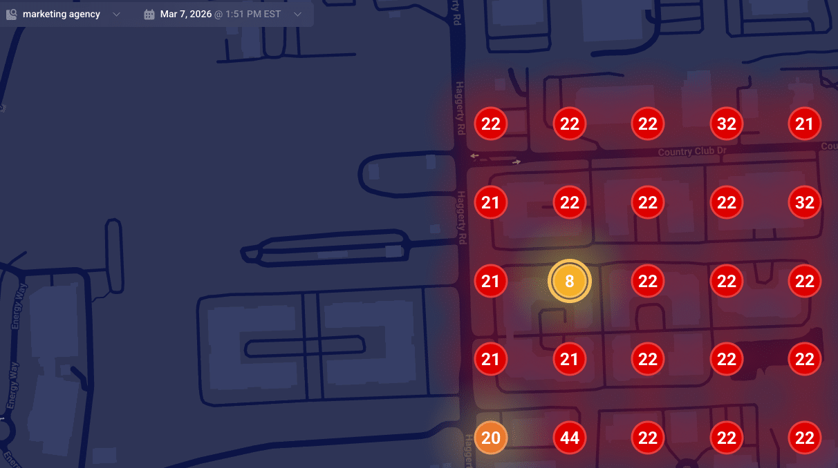 ```json
{
"alt": "Heatmap showing numerical data points on a dark map layout.",
"caption": "A vibrant heatmap reveals numerical trends across a dark-themed map, spotlighting key data points for insightful analysis.",
"description": "This image showcases a heatmap overlaid on a map, displaying various data points marked with numbers. The numbers, like 8, 22, and 44, are highlighted within colored circles ranging from yellow to red, indicating varying data intensities. Designed for data visualization, it suggests a real-time analysis function, useful for trend analysis or strategic planning. The heatmap context is set against a dark map background, enhancing the visibility of the highlighted data points."
}
```