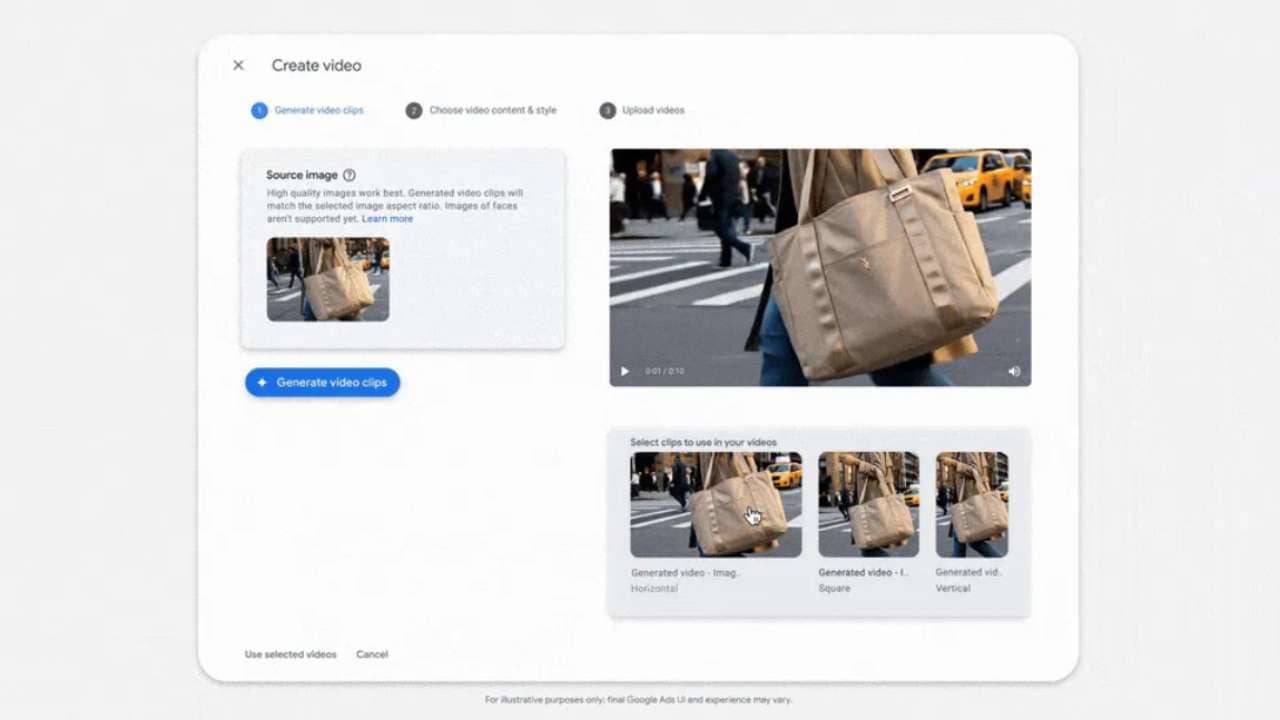 ```json
{
  "alt": "Screenshot of a video creation interface with a focus on a tote bag on a crosswalk.",
  "caption": "Explore dynamic storytelling through this intuitive video creation interface, showcasing a fashionable tote bag amidst a bustling city crosswalk.",
  "description": "This image displays a video creation interface designed to simplify video clip generation. The screen highlights the selection of a source image featuring a tote bag on a city crosswalk. Users can generate video clips with options for horizontal, square, and vertical formats. The interface guides users through the process of creating engaging video content, emphasizing ease of use and customization."
}
```
