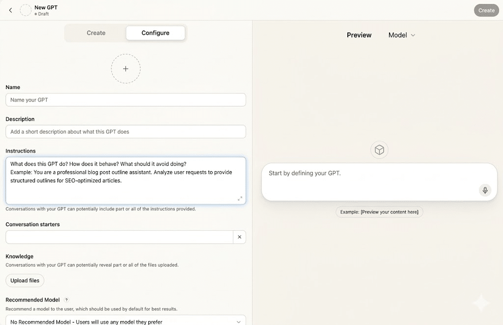 ```json
{
  "alt": "Screenshot of interface for configuring a new GPT model, detailing fields like name, description, and instructions.",
  "caption": "Set up your own customized GPT with this intuitive configuration interface, guiding you through naming, describing, and instructing your AI model.",
  "description": "This image depicts a screenshot of a platform for configuring a new GPT model. The interface includes fields for entering the model's name, description, and detailed instructions on behavior. Users can upload files, preview content, and choose conversation starters. The design is user-friendly, featuring a clean layout that guides through the customization process effectively. Keywords: GPT, model configuration, AI setup, user interface."
}
```
