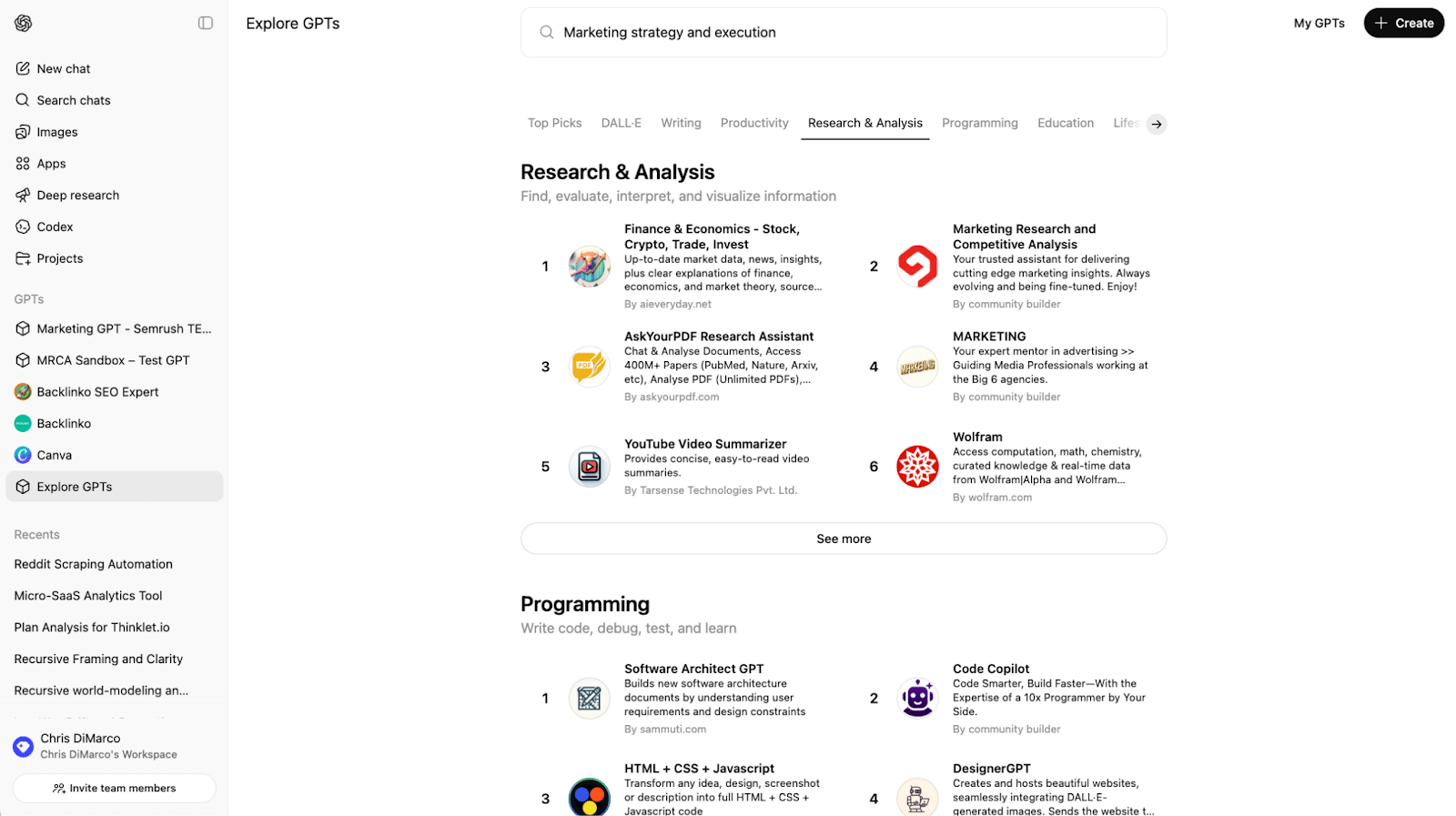 ```json
{
  "alt": "Screenshot showing the Explore GPTs section with Research & Analysis and Programming categories.",
  "caption": "Discover the top-ranking GPTs in Research & Analysis and Programming to enhance your productivity and skills.",
  "description": "This image captures the Explore GPTs section from an AI platform, showcasing categories like Research & Analysis and Programming. Top GPTs in Research & Analysis include Finance & Economics and Marketing Research. Programming GPTs feature tools for software architecture and coding. This interface is designed for users seeking automated insights and coding assistance. Keywords: Explore GPTs, AI platform, Research & Analysis, Programming."
}
```
