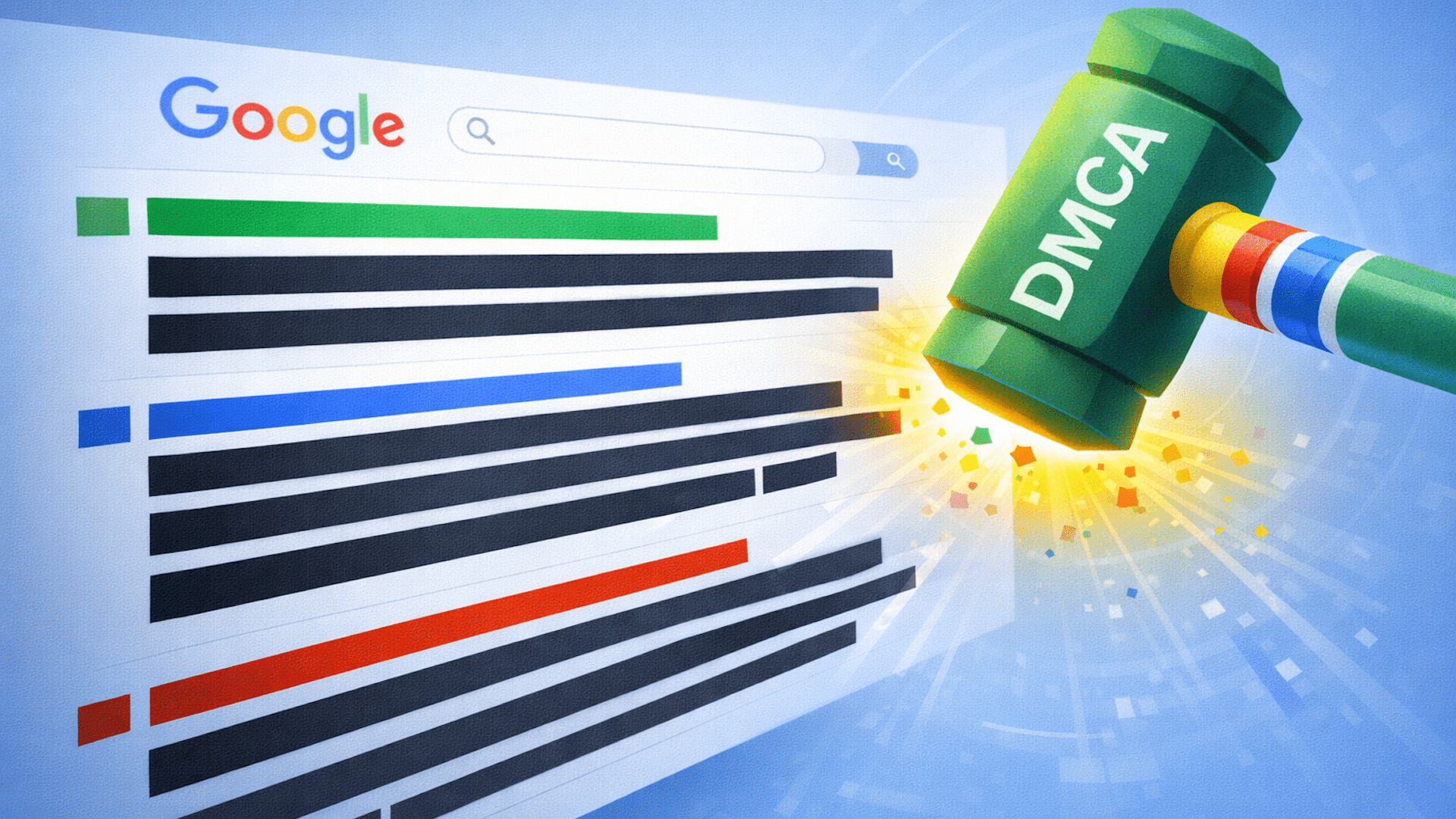 ```json
{
"alt": "Google search page hit by a green DMCA gavel, symbolizing internet copyright enforcement.",
"caption": "A powerful strike for digital rights: The DMCA gavel impacts Google search results, underlining the importance of copyright protection online.",
"description": "Illustration showing a Google search results page being struck by a large green gavel labeled 'DMCA'. The image symbolizes the enforcement of digital rights through the DMCA (Digital Millennium Copyright Act) to regulate online copyright issues. Bright colors and dynamic composition emphasize the impact of legal actions on internet content management."
}
```
