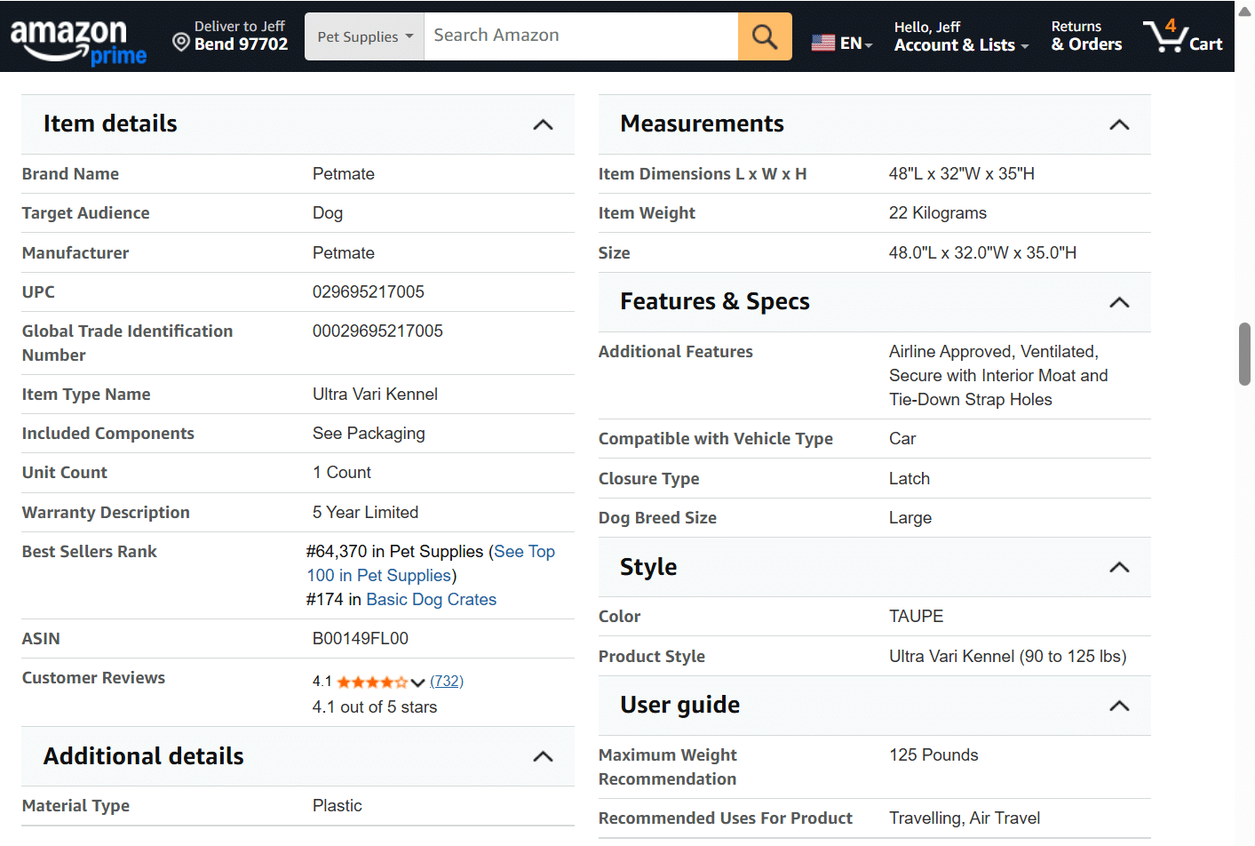 ```json
{
  "alt": "Amazon product details for Petmate Ultra Vari Kennel, large size, dog supplies.",
  "caption": "Explore the features of the Petmate Ultra Vari Kennel, ideal for large dogs. This dog crate is airline-approved and designed for secure travel.",
  "description": "This image shows an Amazon product details page for the Petmate Ultra Vari Kennel, designed for large dogs. The kennel is airline-approved with interior features like ventilation and a moat. It weighs 22 kilograms and measures 48"L x 32"W x 35"H. Made of plastic, it supports dogs weighing 90 to 125 lbs, perfect for air travel. This bestseller ranks #64,370 in pet supplies, with an average rating of 4.1 stars from over 700 reviews."
}
```