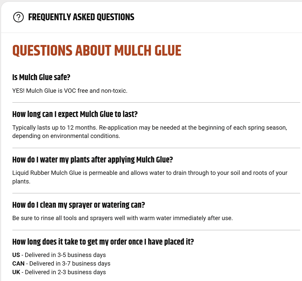 FAQ section about mulch glue, covering safety, longevity, application, and delivery details.