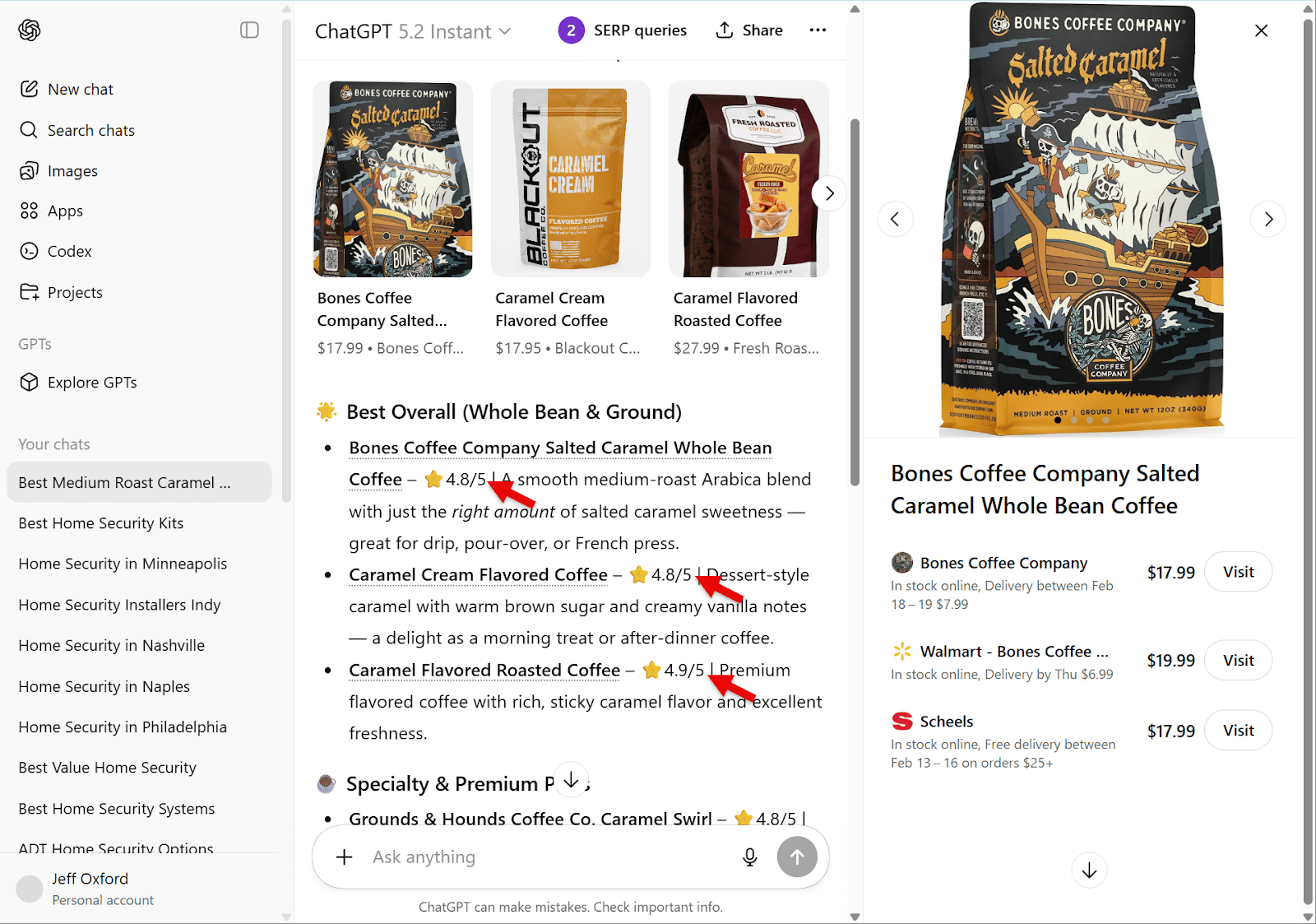 ```json
{
  "alt": "Comparison of various caramel flavored coffees including Bones Coffee Company Salted Caramel with ratings and prices displayed.",
  "caption": "Discover the top-rated caramel flavored coffees with Bones Coffee Company's Salted Caramel leading the pack, offering a smooth blend perfect for any coffee lover.",
  "description": "The image showcases a comparison of caramel flavored coffees, highlighting Bones Coffee Company Salted Caramel Whole Bean Coffee as a top choice. This medium roast Arabica blend is noted for its perfect balance of salted caramel sweetness, earning a 4.8/5-star rating. Ideal for drip, pour-over, or French press brewing, it is competitively priced at $17.99 with delivery options. The image also shows offerings from other brands with varied flavors and ratings, providing a comprehensive look at customer favorites."
}
```