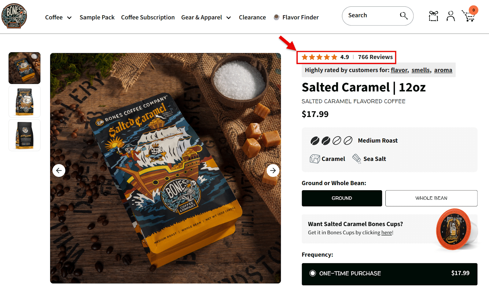 ```json
{
  "alt": "Bones Coffee Company Salted Caramel 12oz bag on a rustic surface with caramel cubes and sea salt.",
  "caption": "Delight in the flavors of Bones Coffee Company's Salted Caramel blend. This 12oz medium roast promises a rich taste, adored by coffee lovers everywhere.",
  "description": "This image showcases a 12oz bag of Bones Coffee Company's Salted Caramel flavored coffee, featuring a distinctive pirate ship design. Surrounded by coffee beans, caramel cubes, and sea salt, this medium roast coffee is highly rated for its unique taste and aroma. Available for purchase at $17.99, this whole bean coffee is perfect for those seeking a sweet and salty coffee experience."
}
```