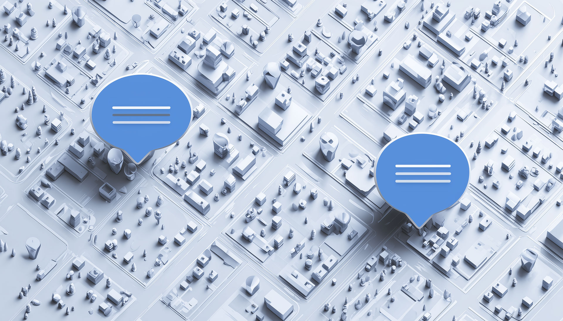 ```json
{
"alt": "3D city map with two large blue chat bubbles indicating points of interest.",
"caption": "Explore the digital cityscape with interactive markers highlighting key areas of interest in this detailed 3D map.",
"description": "This image showcases a 3D-rendered city map viewed from above, featuring streets and buildings in a monochrome color scheme. Two oversized blue chat bubbles are located over specific areas, suggesting points of interest or communication hubs. The scene is crafted to represent a digital or smart city, emphasizing modern urban planning, connectivity, and interactivity. Keywords: 3D city map, digital cityscape, interactive regions, chat markers."
}
```