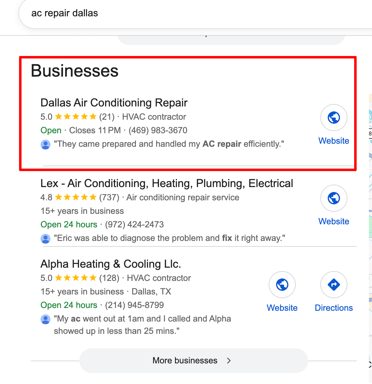 ```json
{
"alt": "Search results for AC repair services in Dallas featuring three businesses with ratings.",
"caption": "Explore top-rated AC repair services in Dallas. From prompt service to expert repairs, find the perfect solution for your needs with these highly recommended professionals.",
"description": "This image shows Google search results for 'ac repair dallas' highlighting three businesses: Dallas Air Conditioning Repair, Lex - Air Conditioning, Heating, Plumbing, Electrical, and Alpha Heating & Cooling Llc. Each listing features customer reviews, ratings, contact details, and operating hours. This provides a quick overview of trusted HVAC services available in Dallas."
}
```