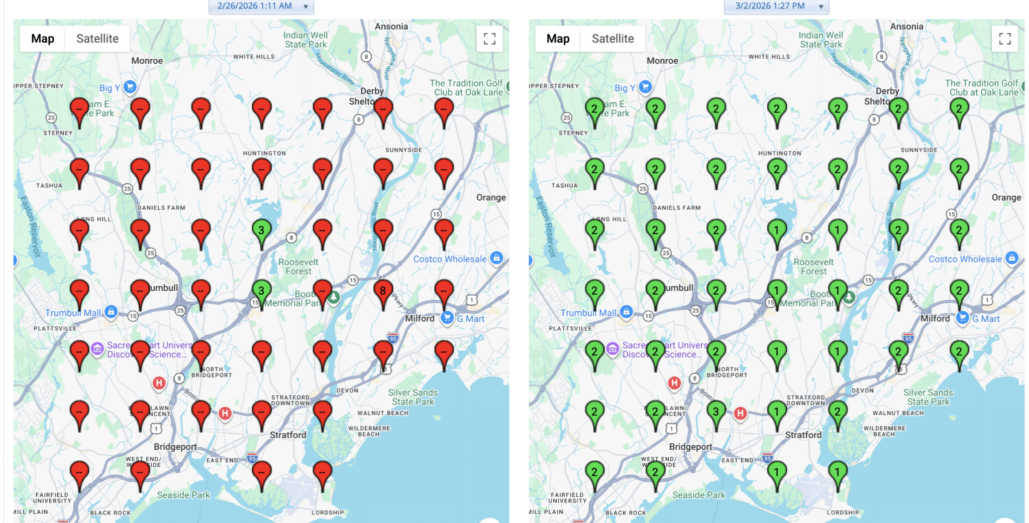 ```json
{
"alt": "Comparison of two maps showing red map pins and then green map pins, indicating changes over time in an area near Bridgeport, Connecticut.",
"caption": "An insightful comparison of map data over time reveals a transition from red to green pins, showcasing changes in the Bridgeport, Connecticut area.",
"description": "This image presents side-by-side maps of Bridgeport, Connecticut, showing data at two points in time. The left map dated 2/26/2026 features numerous red pins, while the right map dated 3/2/2026 shows a shift to green pins. This transition illustrates changes in the area over time, providing clear visual evidence for analysis. Such map comparisons can be valuable for understanding developments in regional data. Keywords: map comparison, Bridgeport, Connecticut, data change, visualization."
}
```