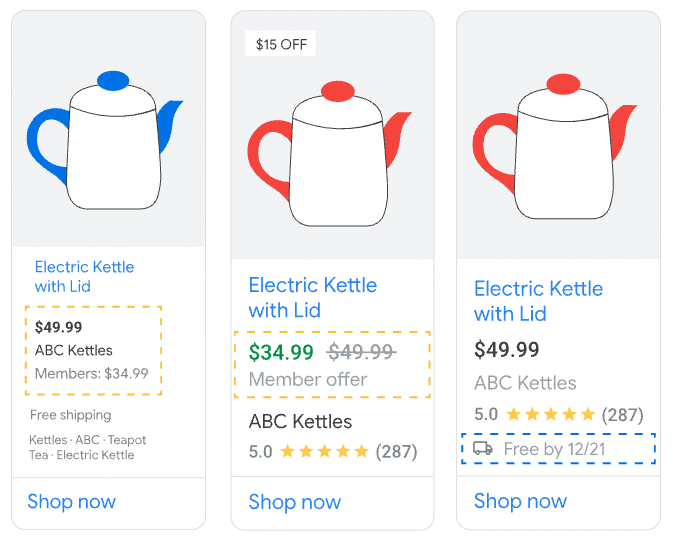 ```json
{
  "alt": "Three electric kettle listings with different offers and prices.",
  "caption": "Discover great deals on electric kettles! Save with a member offer, compare prices, and enjoy free shipping or timely delivery.",
  "description": "This image displays three side-by-side electric kettle listings. The first offers a kettle with blue accents for $49.99, boasting free shipping. The second listing shows a kettle with red accents priced at $34.99 with a $15 discount for members. The third lists the same red-accented kettle for $49.99, highlighting free delivery by 12/21. Each listing features star ratings and customer reviews, prompting users to 'Shop now'. Keywords include electric kettles, discounts, and offers."
}
```