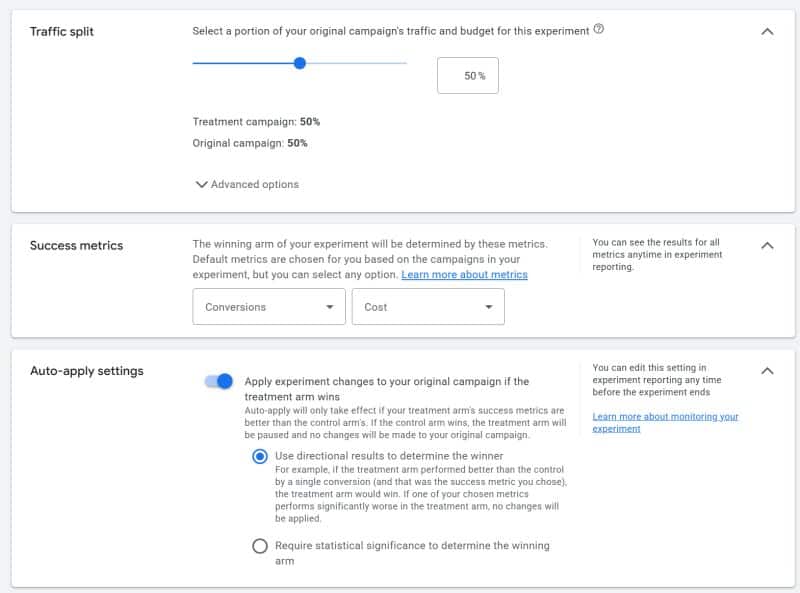 ```json
{
  "alt": "User interface for setting up an experimental traffic split in a campaign tool, showing options for metrics and auto-apply settings.",
  "caption": "Dive into the analytics with this intuitive interface for experimenting with campaign traffic allocations and success metrics.",
  "description": "This image displays a campaign management tool interface for setting up experiments. Featuring a traffic split slider set at 50%, it allocates equal distribution between treatment and original campaigns. Users can choose success metrics, such as conversions and cost, and configure auto-apply settings for optimal results. This enables dynamic adjustments based on experimental outcomes, enhancing the effectiveness of marketing strategies. Ideal for digital marketers aiming at data-driven decision making."
}
```
