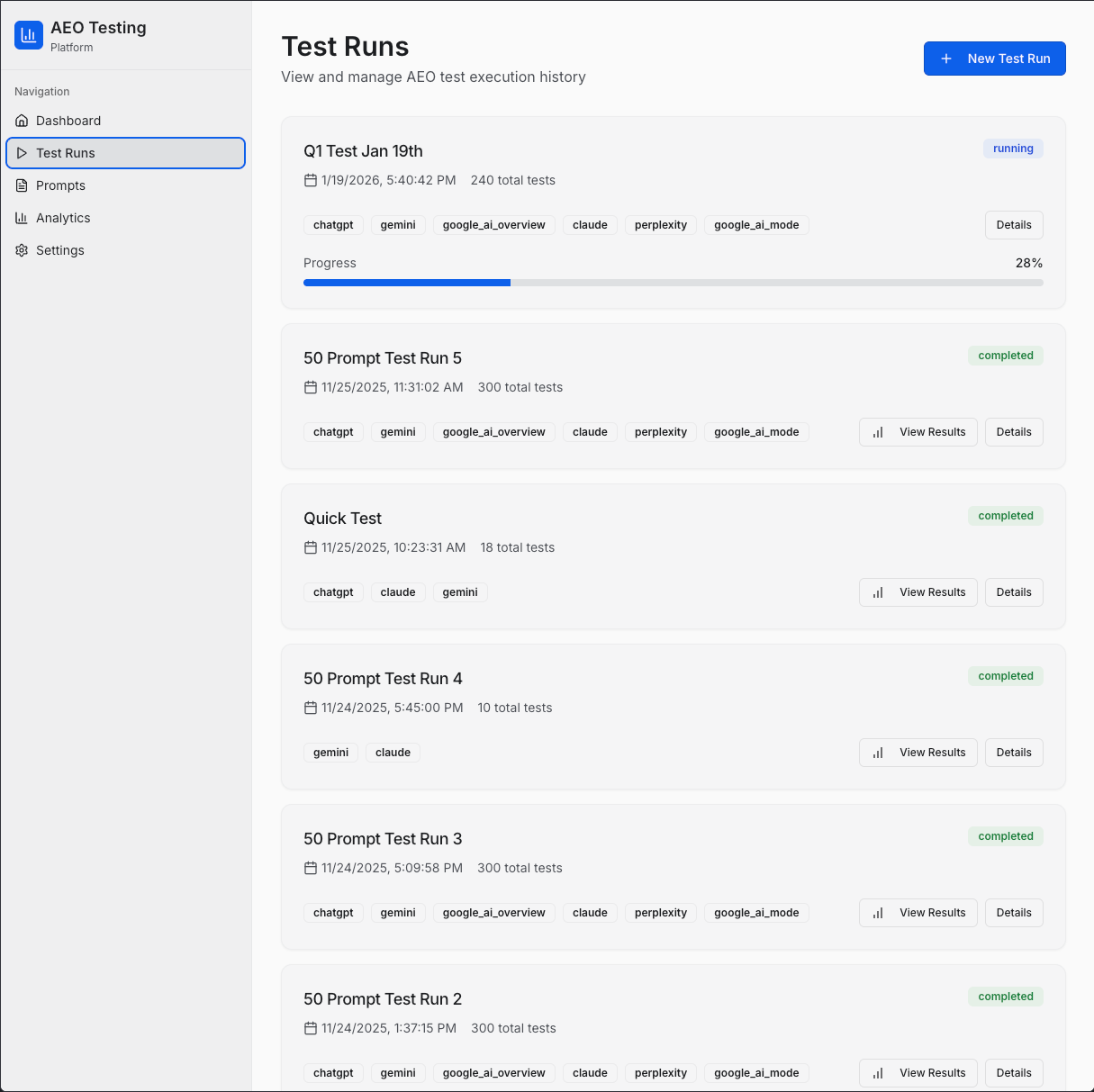 ```json
{
  "alt": "Dashboard of AEO Testing Platform showing test run history with various test details.",
  "caption": "Explore the AEO Testing Platform interface showcasing comprehensive test run history and execution statuses for efficient analytics.",
  "description": "This image displays the AEO Testing Platform dashboard, highlighting the 'Test Runs' section. It includes details of various test runs, such as Q1 Test Jan 19th and 50 Prompt Test Run 5, with statuses ranging from running to completed. Tags like chatgpt and gemini are used, and features include view results and details options. This interface aids in managing and analyzing test execution history efficiently."
}
```