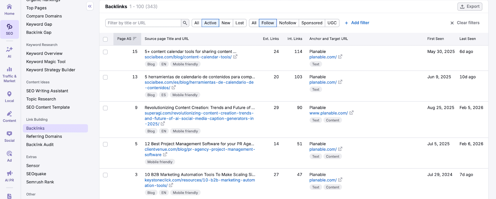 ```json
{
  "alt": "SEO backlink analysis dashboard displaying a list of backlinks, source pages, and link details.",
  "caption": "Dive into the data with this SEO backlink dashboard, showcasing detailed insights into the sources and metrics of various backlinks.",
  "description": "The image captures an SEO backlink analysis dashboard. It displays a table listing backlinks, source page titles, and URLs, along with external and internal link counts. The dashboard allows filtering options and shows backlink details such as first seen and last seen dates, page authority scores, and source languages. This tool aids in understanding backlink sources and tracking SEO performance."
}
```