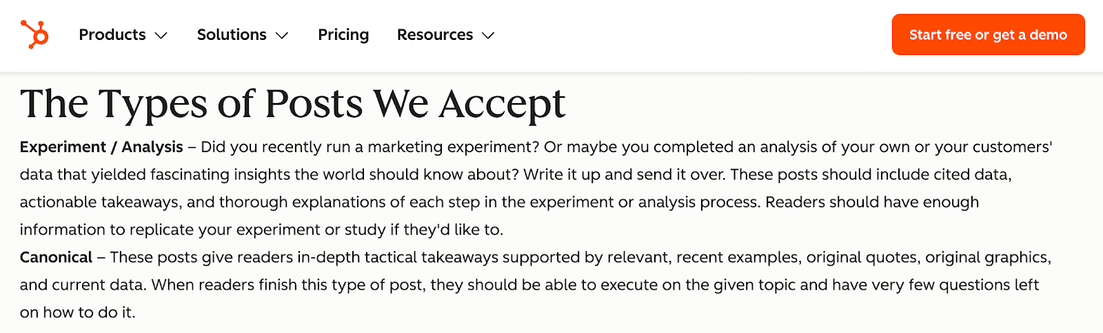 ```json
{
  "alt": "Website section detailing types of posts accepted, focusing on Experiments and Canonical posts.",
  "caption": "Discover the types of posts embraced by this platform, featuring in-depth analyses and canonical guides designed to educate and engage.",
  "description": "A section from a website elaborating on the accepted post types: 'Experiment/Analysis' and 'Canonical'. It encourages submissions of marketing experiments and thorough educational content backed by data and examples. The content aims to provide actionable insights and detailed guides. The page also includes navigation links like Products, Solutions, and Pricing for seamless user experience. Keywords: marketing, content creation, data analysis, educational posts."
}
```