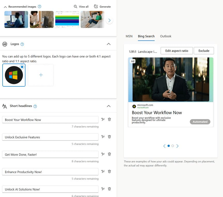 ```json
{
"alt": "Dashboard showing options for ad creation with a man in a video thumbnail for workflow boost.",
"caption": "Explore streamlined ad creation options, complete with a video thumbnail promoting workflow enhancement.",
"description": "The image displays a digital dashboard interface for ad creation, featuring sections for logos, headlines, and video thumbnails. On the right, a prominent video thumbnail features a man promoting a 'Boost Your Workflow Now' campaign. The interface allows the inclusion of up to five logos with editing options and short headline suggestions. Keywords: ad creation, workflow boost, digital dashboard, video promotion."
}
```