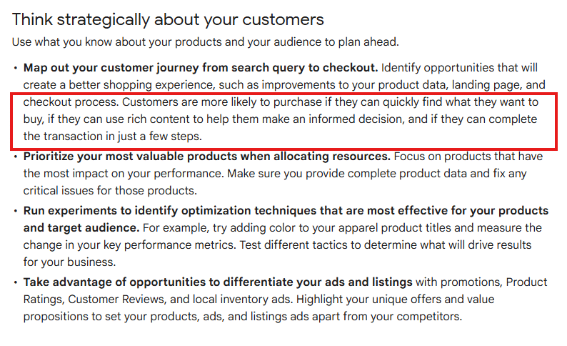 ```json
{
  "alt": "Guidelines for strategic customer engagement and optimization for better shopping experiences.",
  "caption": "Master the art of customer engagement by strategically optimizing the shopping journey, prioritizing valuable products, and leveraging rich content for informed purchasing decisions.",
  "description": "This image provides a detailed guide on strategic customer engagement, emphasizing the importance of mapping the customer journey from search to checkout for improved shopping experiences. It highlights prioritizing high-value products, conducting optimization experiments, and enhancing product listings with promotions and reviews. Keywords include customer engagement, shopping experience, product optimization, and strategic planning."
}
```
