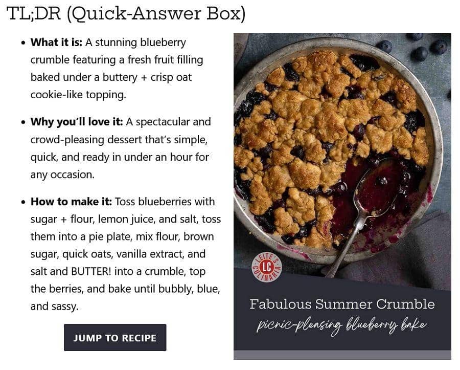 ```json
{
  "alt": "Blueberry crumble with a golden oat topping in a pie dish next to recipe instructions.",
  "caption": "Dive into a sumptuous blueberry crumble with a crispy oat topping. Perfect for a quick, crowd-pleasing dessert on any occasion!",
  "description": "This image features a delicious blueberry crumble with a buttery oat topping, baked to perfection in a round pie dish. The text provides a quick recipe: blueberries tossed with sugar, flour, lemon juice, then topped with a mixture of flour, brown sugar, oats, butter, and vanilla. The dessert is quick to make, taking under an hour, and offers a simple yet delightful treat."
}
```