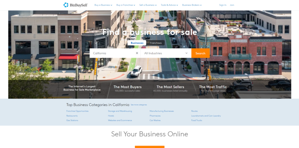 ```json
{
  "alt": "Website homepage showing a business marketplace platform with search options for businesses in California.",
  "caption": "Discover your next investment with our business marketplace platform, offering a user-friendly search for opportunities in California across all industries.",
  "description": "This image is a screenshot of a business marketplace platform's homepage, showcasing a search feature for businesses and franchises available for sale in California. The interface features a search bar with dropdown options for state and industry selection. Key selling points like 'The Most Buyers' and 'The Most Traffic' are highlighted. The layout includes categories such as restaurants and hotels, providing a comprehensive resource for potential buyers and sellers. Keywords: business marketplace, California, franchise, search platform."
}
```