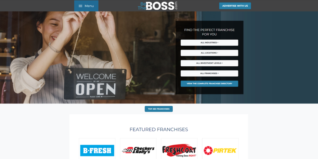 ```json
{
  "alt": "Smiling woman hangs an 'Open' sign on a glass door, with franchise menu options on a webpage.",
  "caption": "Opening doors to new opportunities! Discover your perfect franchise with a welcoming touch.",
  "description": "A welcoming image of a woman displaying an 'Open' sign on a glass door, symbolizing the launch of new business opportunities. The image is part of a webpage featuring franchise information, with a menu prompting users to search for franchises by industry, location, and investment level. Featured franchises include B-Fresh, Checkers & Rally's, Fresh Coat, and Pirtek. This engaging visual serves both as an invitation and navigational tool for aspiring entrepreneurs."
}
```