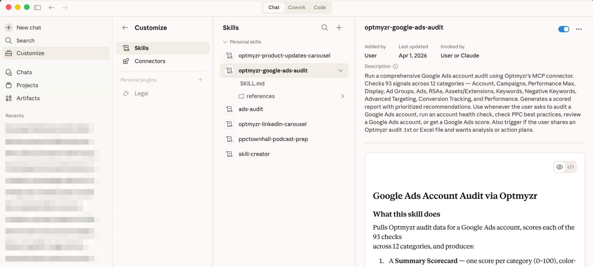 ```json
{
  "alt": "Screenshot of a software interface showing customization options for Google Ads audit using Optmyzr.",
  "caption": "Explore efficient Google Ads auditing with Optmyzr's detailed software interface offering comprehensive customization options and detailed skill descriptions.",
  "description": "This image displays a software interface focused on customizing skills for Google Ads audits using Optmyzr. The interface shows options such as 'Skills' and detailed descriptions about Google Ads account auditing, including signal checks across 12 categories. Keywords for optimal searchability include 'Google Ads', 'Optmyzr', 'audit', 'skills', and 'customization'."
}
```