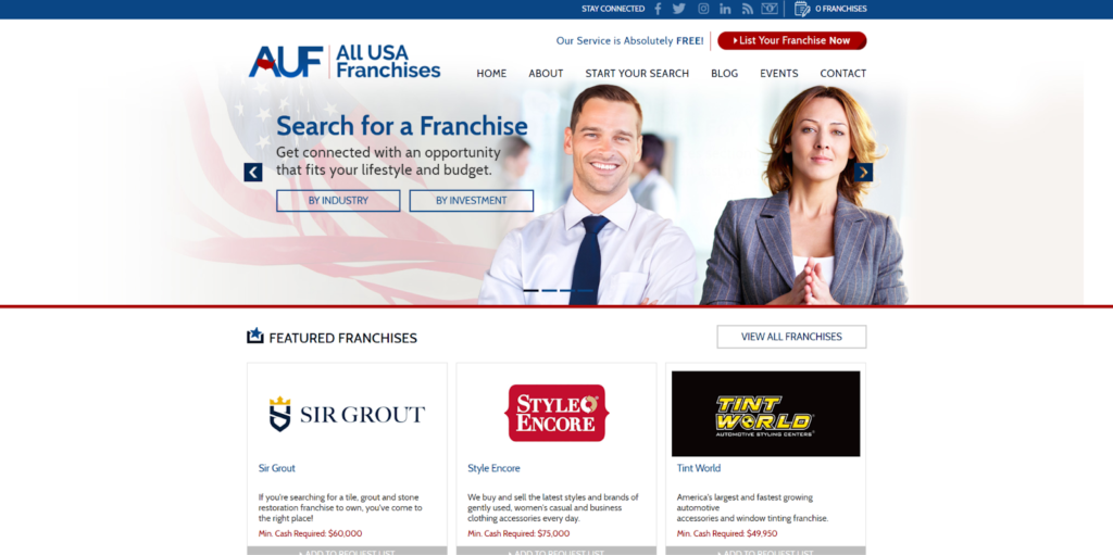 ```json
{
  "alt": "All USA Franchises homepage with search options and featured franchises.",
  "caption": "Explore All USA Franchises: Your gateway to finding the perfect franchise opportunity. Search by industry or investment and discover featured options.",
  "description": "The All USA Franchises homepage features a search interface for finding franchise opportunities by industry or investment type. A banner shows smiling professionals beside options for users to 'Start Your Search' and view 'Featured Franchises' such as Sir Grout, Style Encore, and Tint World. The site promotes free services and includes navigation links to Home, Blog, Events, and Contact. SEO keywords include franchise, investment, business opportunity, and industry search."
}
```