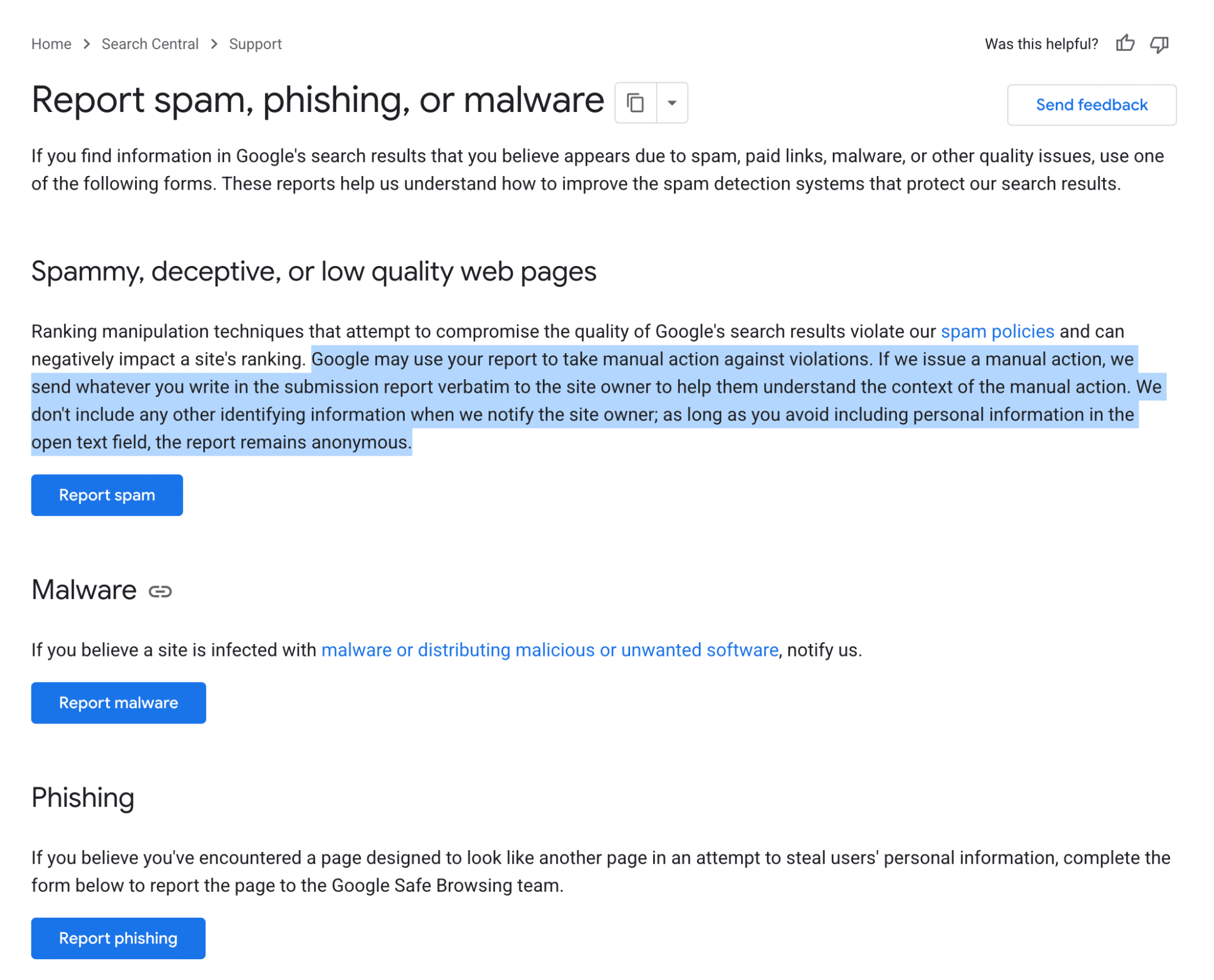 ```json
{
  "alt": "Google guide page on reporting spam, phishing, or malware.",
  "caption": "Learn how to protect online spaces from spam, phishing, and malware with Google's guide on reporting suspicious sites effectively.",
  "description": "This image shows a Google Search Central support page with guidelines on reporting spam, phishing, or malware. It includes sections on spammy web pages, malware, and phishing, each with a description and a 'Report' button for user action. The page highlights Google's approach to handling reports and emphasizes maintaining anonymity by avoiding personal information in submissions. Keywords: Google, spam, phishing, malware, reporting guide, online security."
}
```