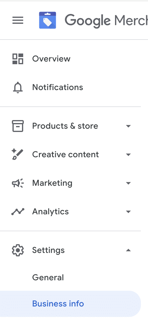 ```json
{
  "alt": "Google Merchant dashboard menu with options like Overview, Notifications, Products & store, Creative content, Marketing, Analytics, Settings.",
  "caption": "Explore the Google Merchant dashboard menu, a powerful set of tools for managing products, creative content, and analytics in the digital marketplace.",
  "description": "Screenshot of the Google Merchant dashboard menu showing various management options such as Overview, Notifications, Products & store, Creative content, Marketing, Analytics, and Settings. Each section is expandable, providing detailed management tools for merchants to optimize their online presence. Ideal for users needing to navigate through different aspects of merchant account management efficiently."
}
```