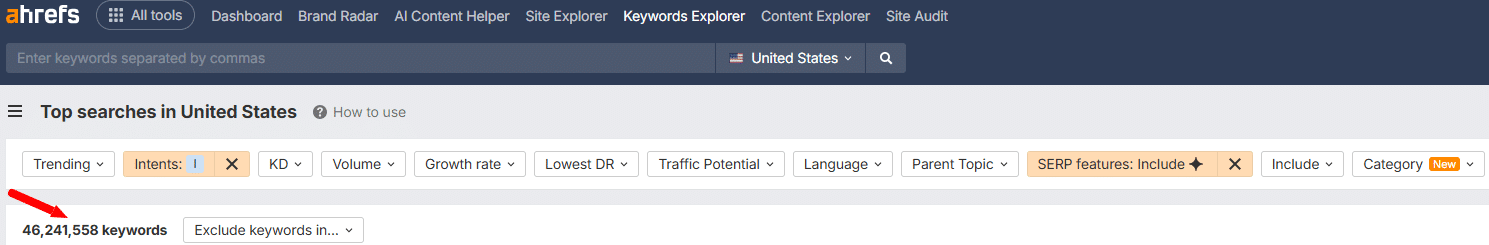 ```json
{
"alt": "Screenshot of Ahrefs' Keywords Explorer tool showing top searches in the United States.",
"caption": "Explore the vast keyword landscape with Ahrefs' Keywords Explorer, depicting over 46 million search terms trending in the U.S. Discover insights for your content strategy.",
"description": "This image is a screenshot from Ahrefs' Keywords Explorer, showcasing the top keyword searches in the United States. It highlights over 46 million keywords available for analysis. The tool offers various filters like trending, intent, KD, volume, growth rate, and more, providing users with detailed insights into search patterns and traffic potential. Ideal for SEO enthusiasts and digital marketers looking to enhance their content strategies."
}
```