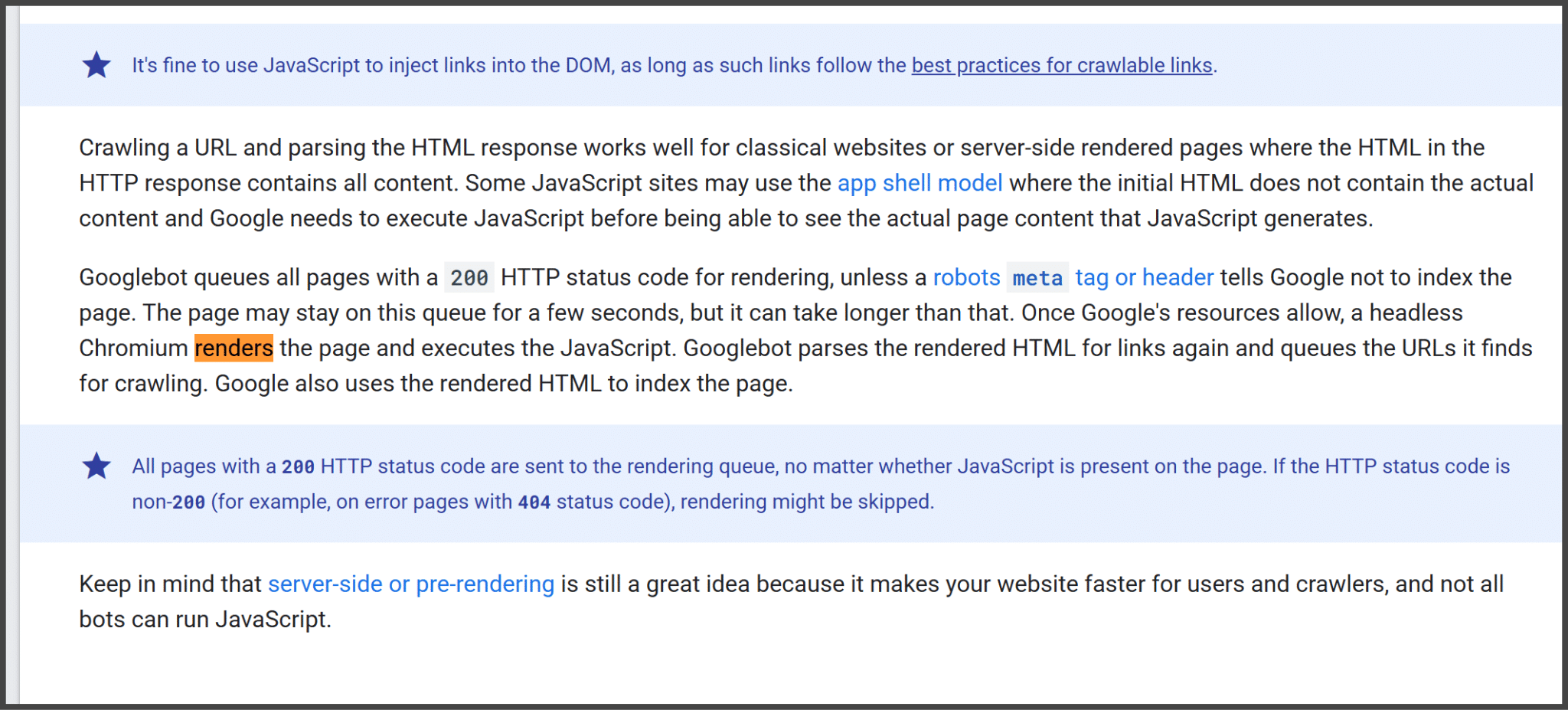 ```json
{
  "alt": "Guide explaining JavaScript usage and Googlebot URL crawling process.",
  "caption": "Discover how Googlebot handles JavaScript on your site, managing URLs and leveraging HTTP status codes for efficient crawling.",
  "description": "This image provides a detailed guide on how Googlebot interacts with JavaScript-heavy websites. It explains the importance of the app shell model, how Googlebot manages URLs with a 200 HTTP status code, and the role of server-side or pre-rendering. The content emphasizes the need for efficient rendering to optimize crawling and indexing by Google, highlighting essential elements like robots meta tags and headers."
}
```