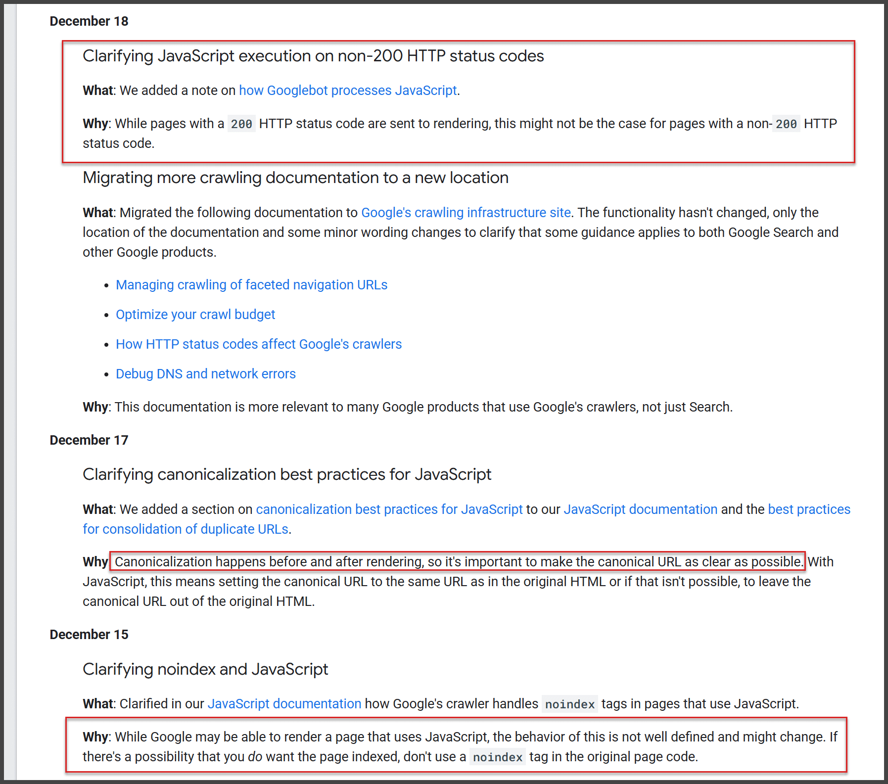 ```json
{
  "alt": "Document detailing updates on JavaScript, HTTP status codes, and SEO from Google's guidelines.",
  "caption": "Explore key updates from Google on JavaScript execution and SEO best practices, ensuring efficient website indexing and crawling.",
  "description": "This image captures a document from Google detailing updates related to JavaScript execution with non-200 HTTP status codes, migrating crawling documentation, and clarifying canonicalization and noindex best practices in JavaScript. The content stresses the importance of setting canonical URLs correctly, avoiding noindex tags where indexing is desired, and explaining the handling of HTTP status codes for enhanced SEO and crawler efficiency. These updates are aimed at improving the performance of web pages in search indexing and rendering."
}
```